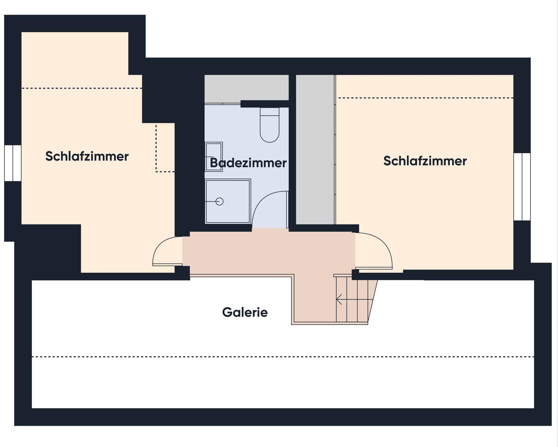 Grundriss des Dachgeschosses mit zwei Schlafzimmern, Badezimmer und Galerie.