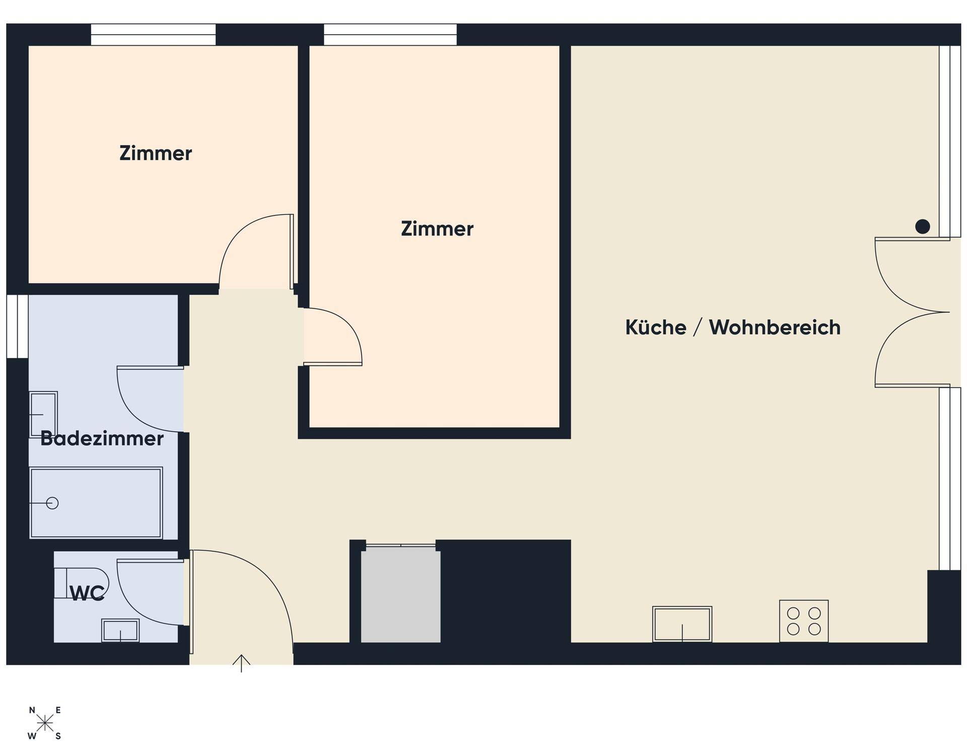 Grundriss einer Wohnung mit zwei Zimmern, Bad, WC und offenem Wohn-/Kochbereich.
