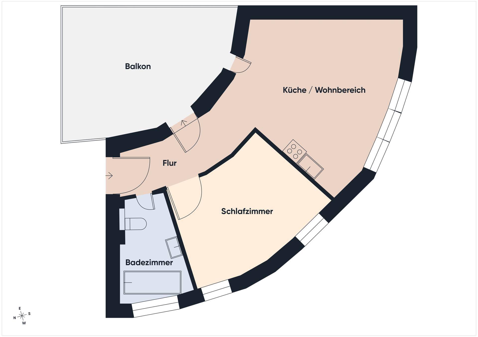 Grundriss der Wohnung mit Schlafzimmer, Bad, Flur und offenem Wohnbereich mit Küche.