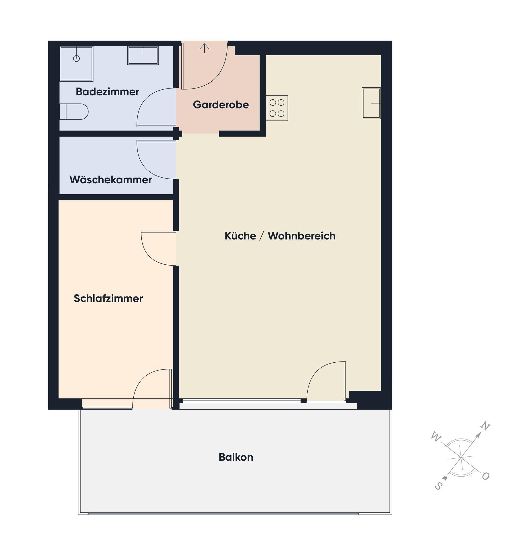 Grundriss der Wohnung mit Schlafzimmer, Bad, Garderobe und offenem Wohnbereich.