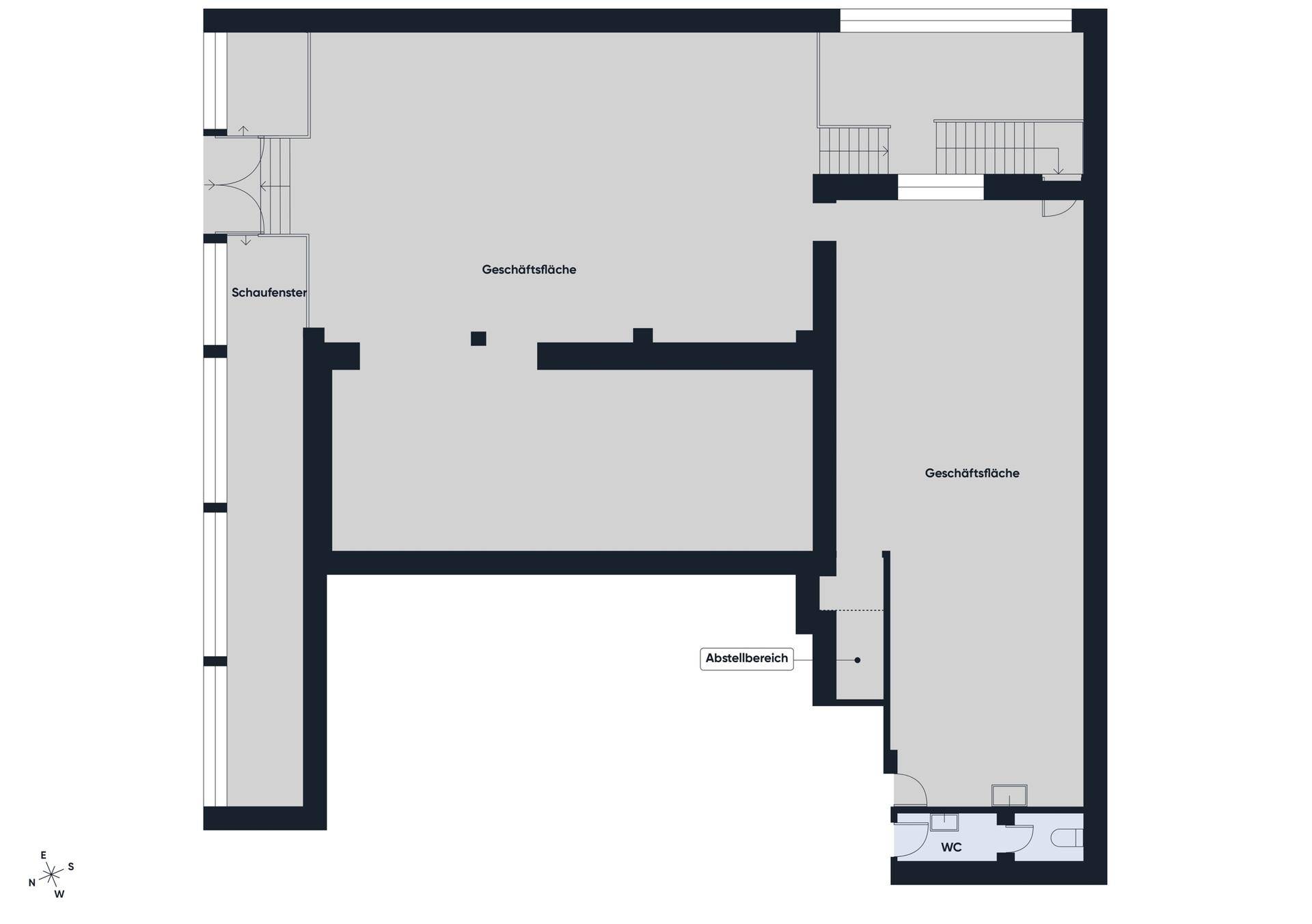 Grundriss der Geschäftsfläche mit Abstellbereich und separatem WC.