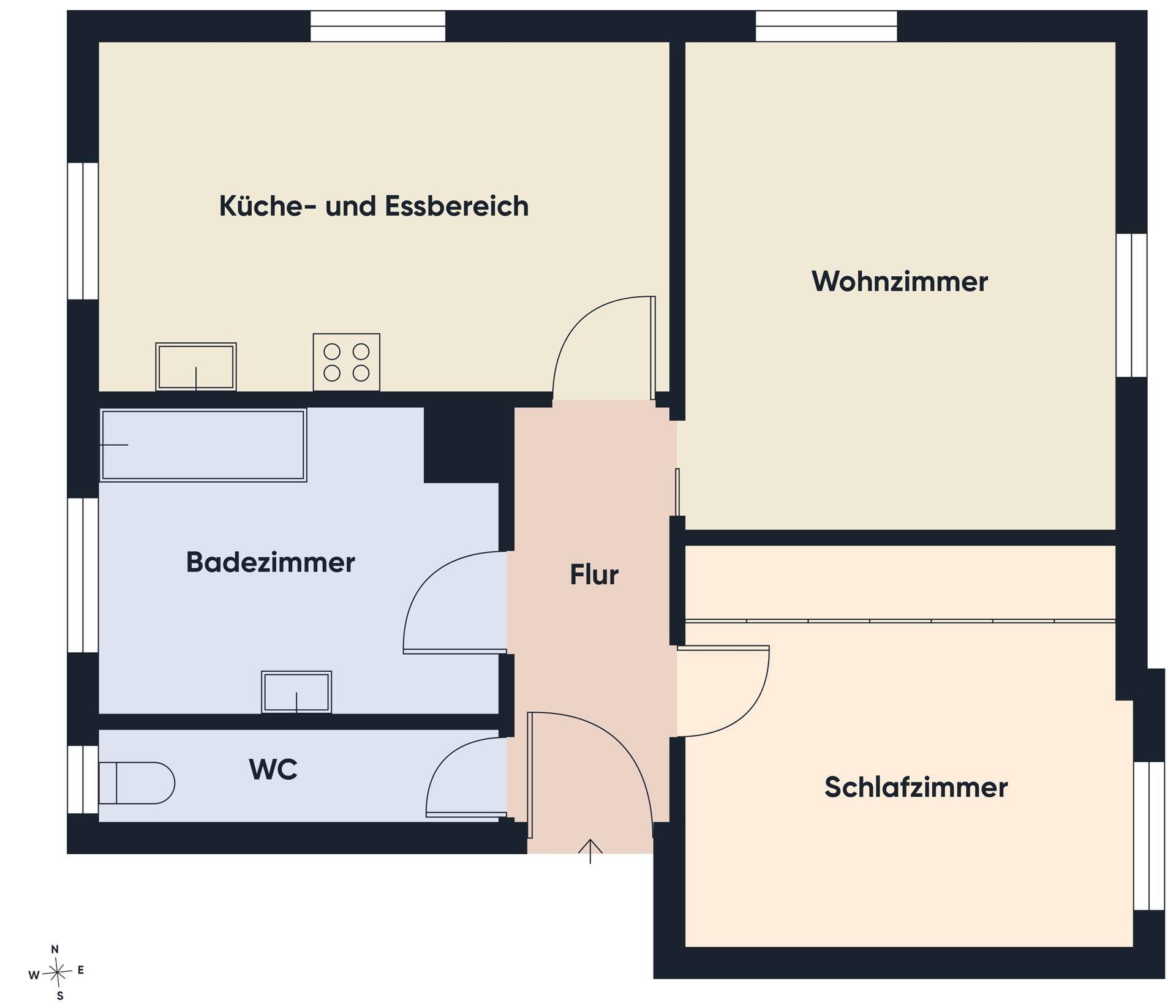 Grundriss einer Wohnung mit Küche, Wohnzimmer, Schlafzimmer, Bad und WC, zeigt die Raumaufteilung.