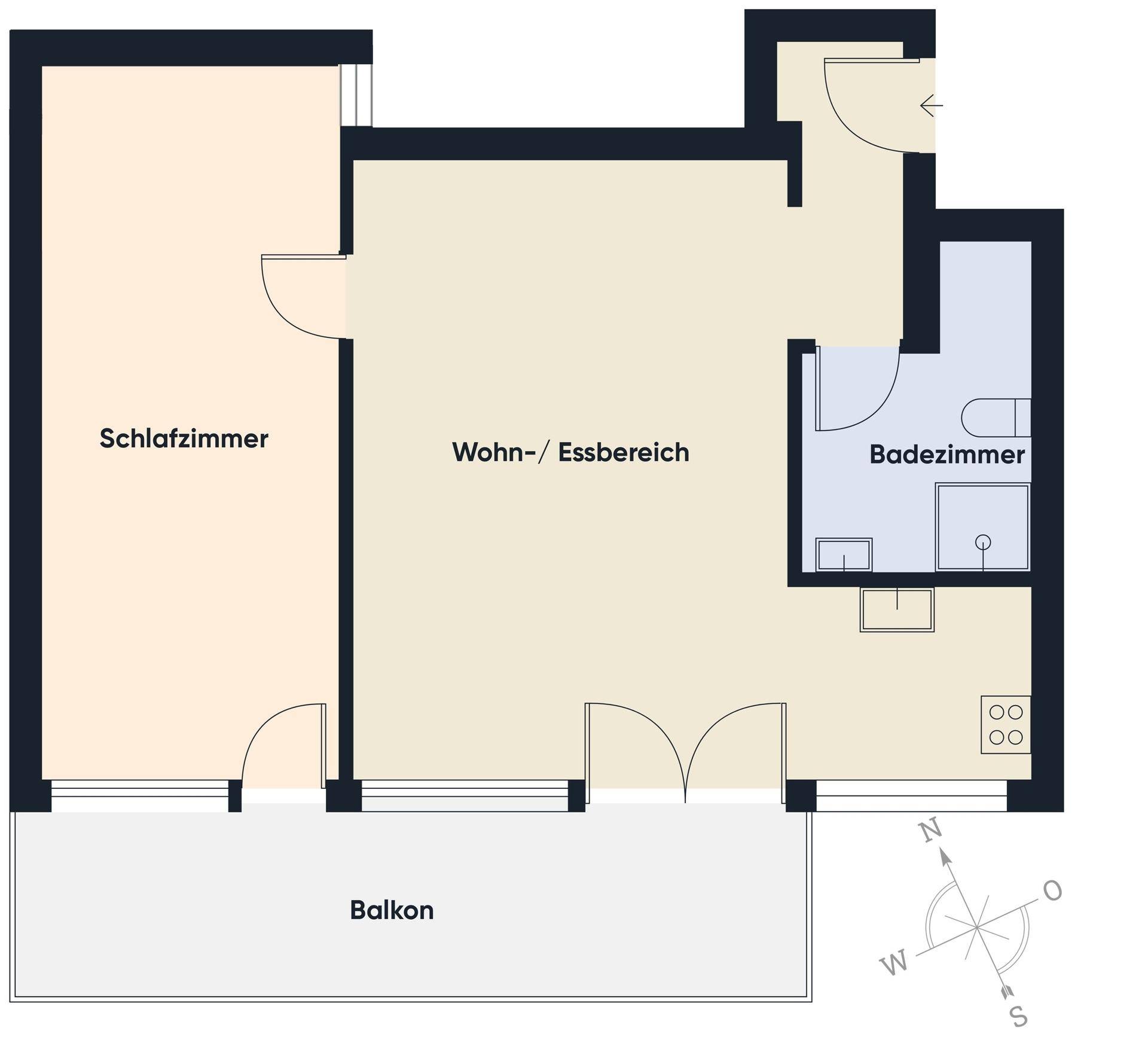 Grundriss einer Wohnung mit Schlafzimmer, Wohn-/Essbereich, Bad und Balkon.