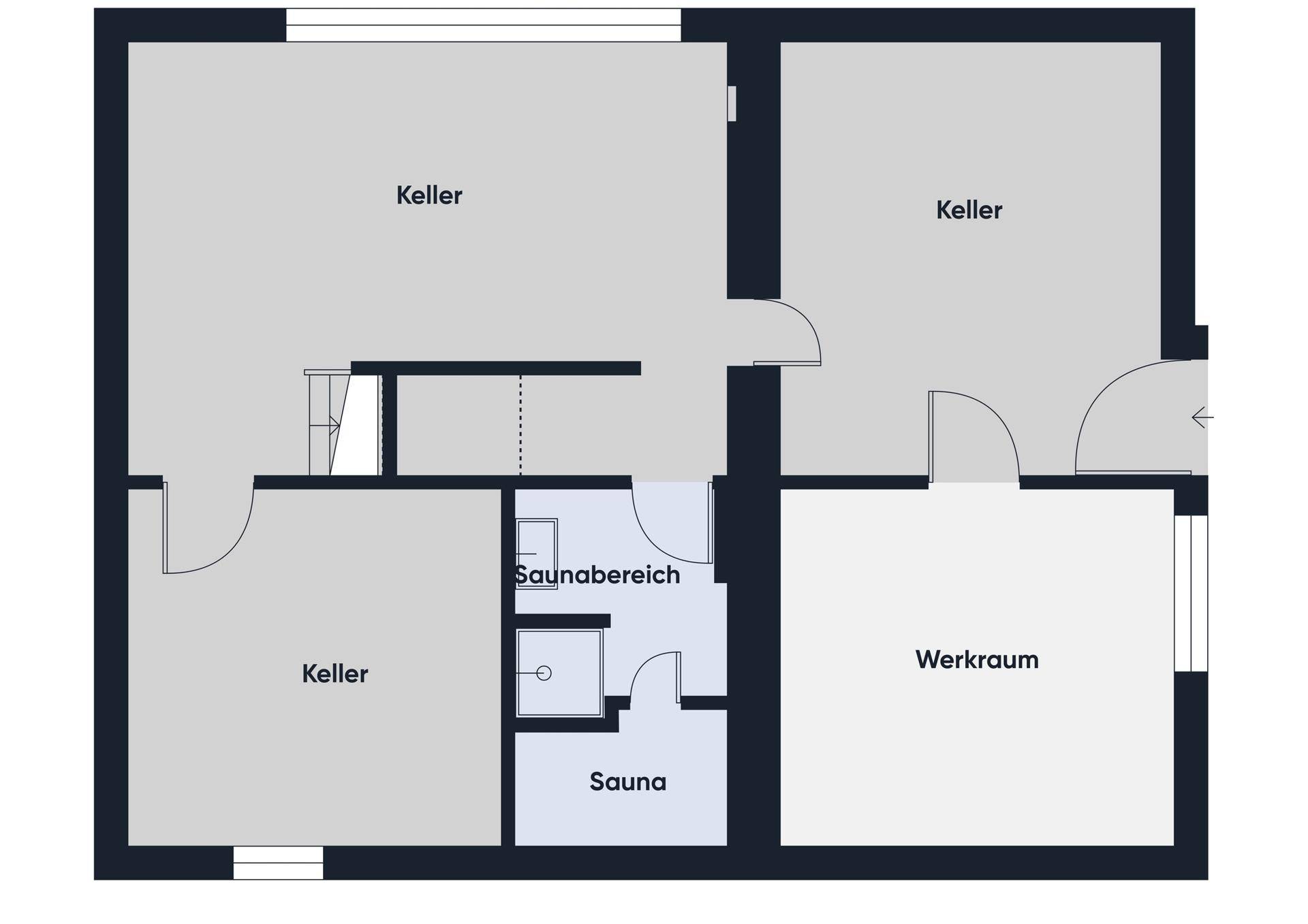 Grundriss des Kellergeschosses mit mehreren Kellerräumen, Saunabereich und Werkraum.