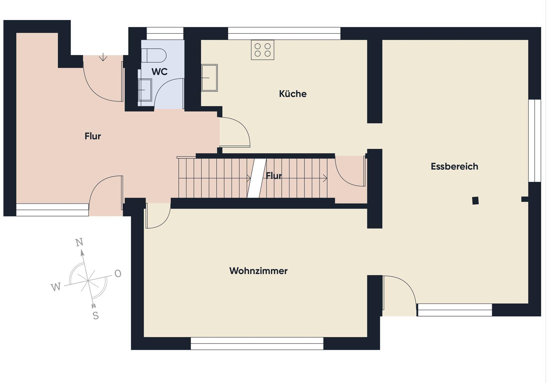 Grundriss des Erdgeschosses mit Küche, Essbereich, Wohnzimmer und separatem WC.