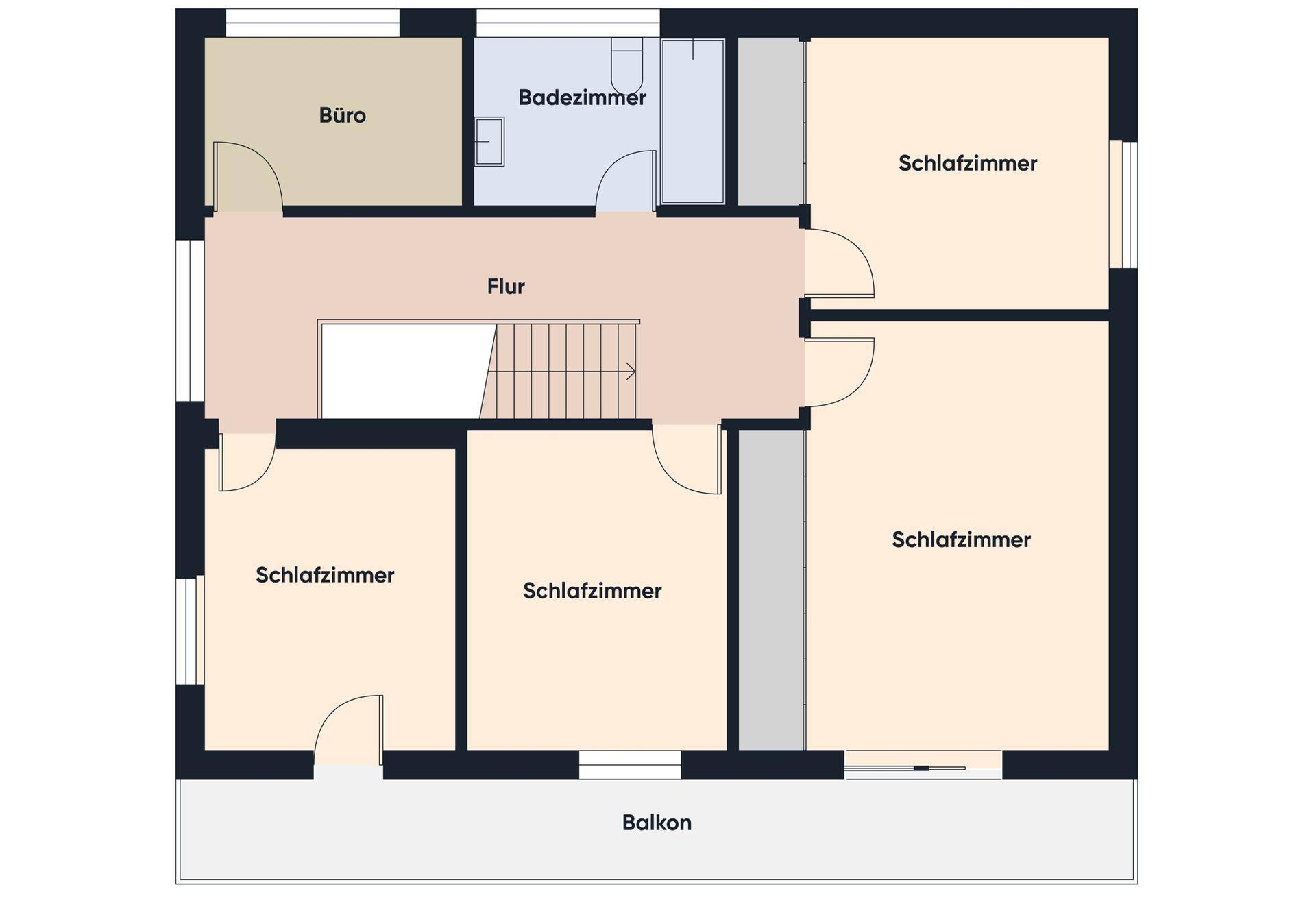 Grundriss des Obergeschosses mit drei Schlafzimmern, Büro, Badezimmer und Balkon.