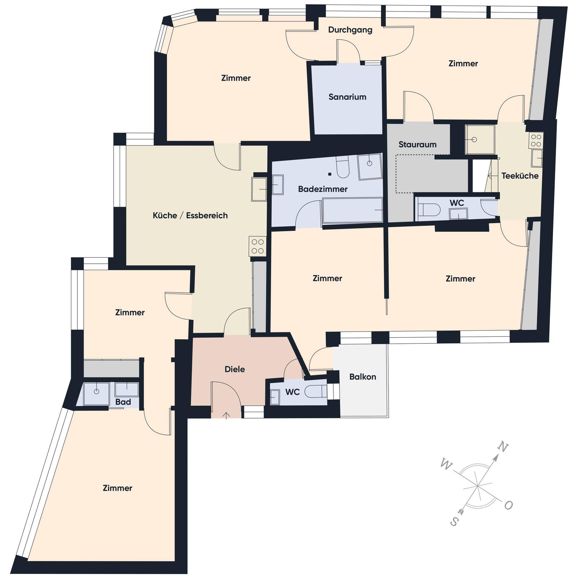 Detaillierter Grundriss einer Wohnung mit mehreren Zimmern, Küche, Sanarium und Balkon.