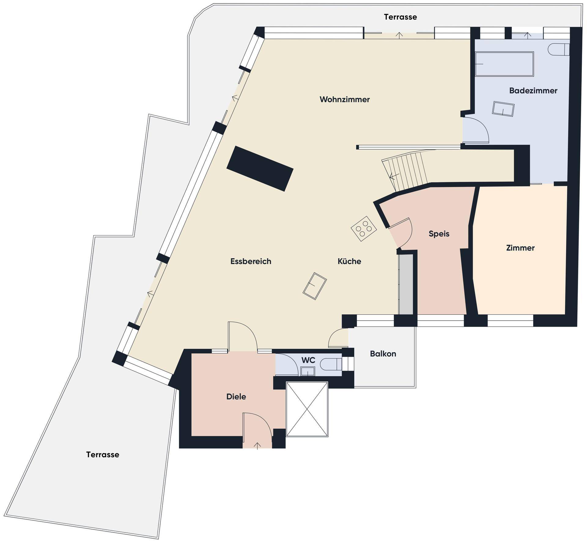 Grundriss einer Wohnung mit großem Wohn- und Essbereich, Küche und zwei Terrassen.