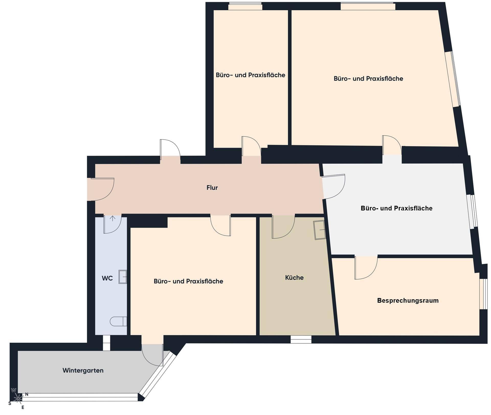 Grundrissplan einer Büro- und Praxisfläche mit mehreren Räumen, Küche, WC und Wintergarten.
