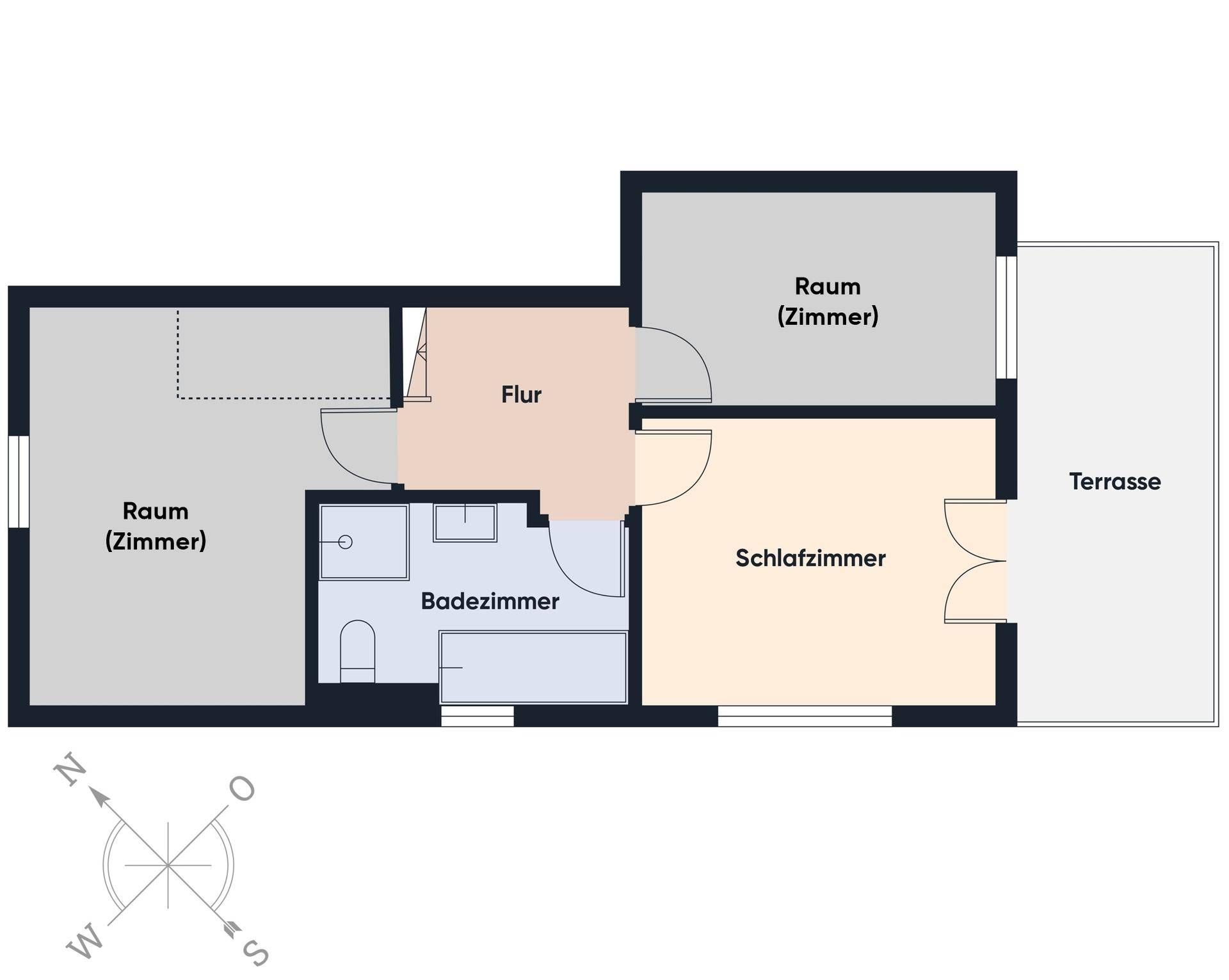 Grundriss zeigt die Aufteilung der Räume mit Schlafzimmern, Bad und Terrasse.