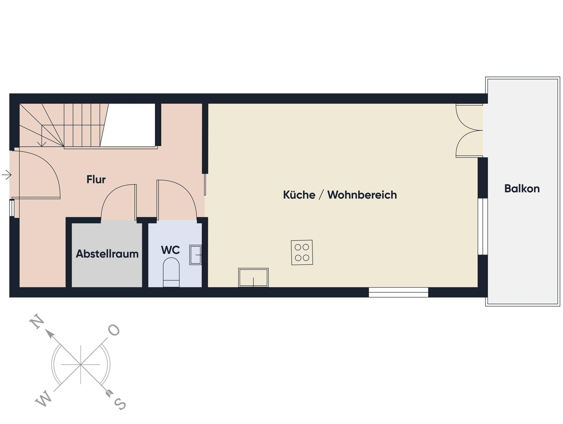Grundriss zeigt einen offenen Wohn-/Küchenbereich, Flur, Abstellraum, WC und Balkon.