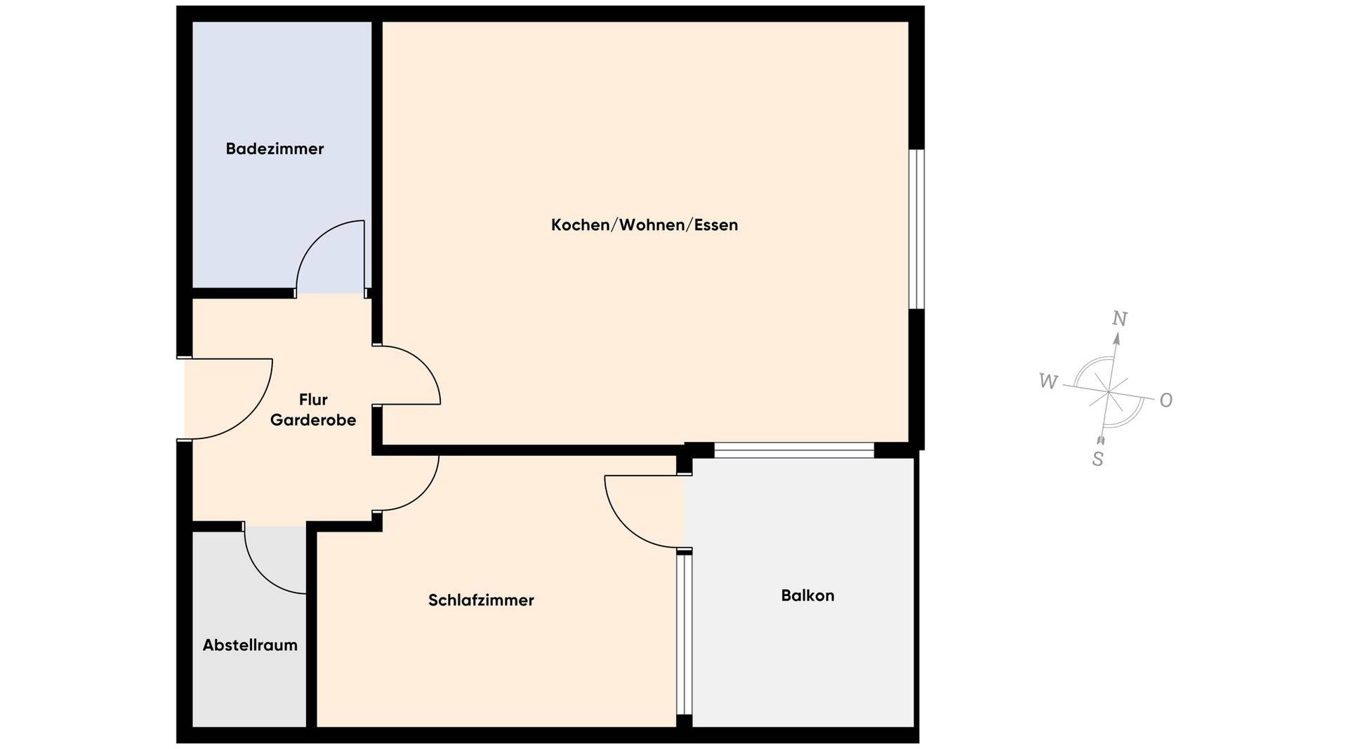 Grundriss einer Wohnung mit einem Schlafzimmer, Bad, Abstellraum und Balkon.