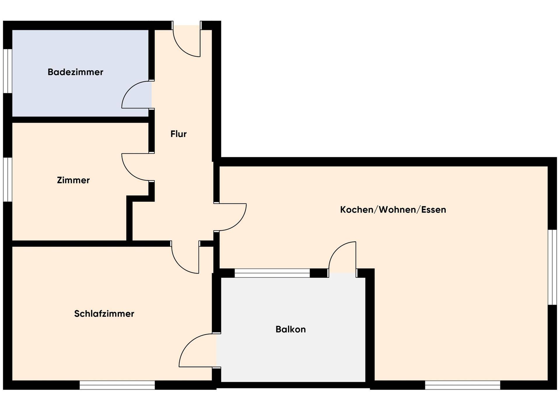Grundriss einer Wohnung mit zwei Schlafzimmern, Bad, Flur und Balkon.