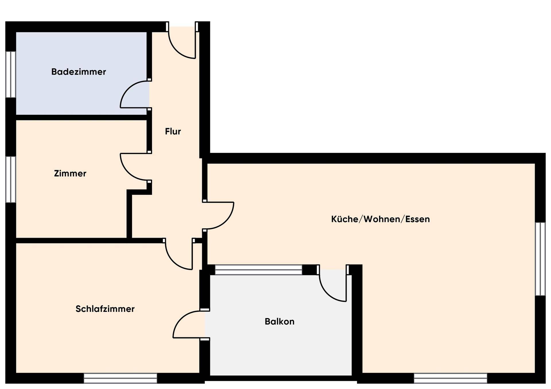 Grundriss einer Wohnung mit zwei Schlafzimmern, Bad, Flur und Balkon.