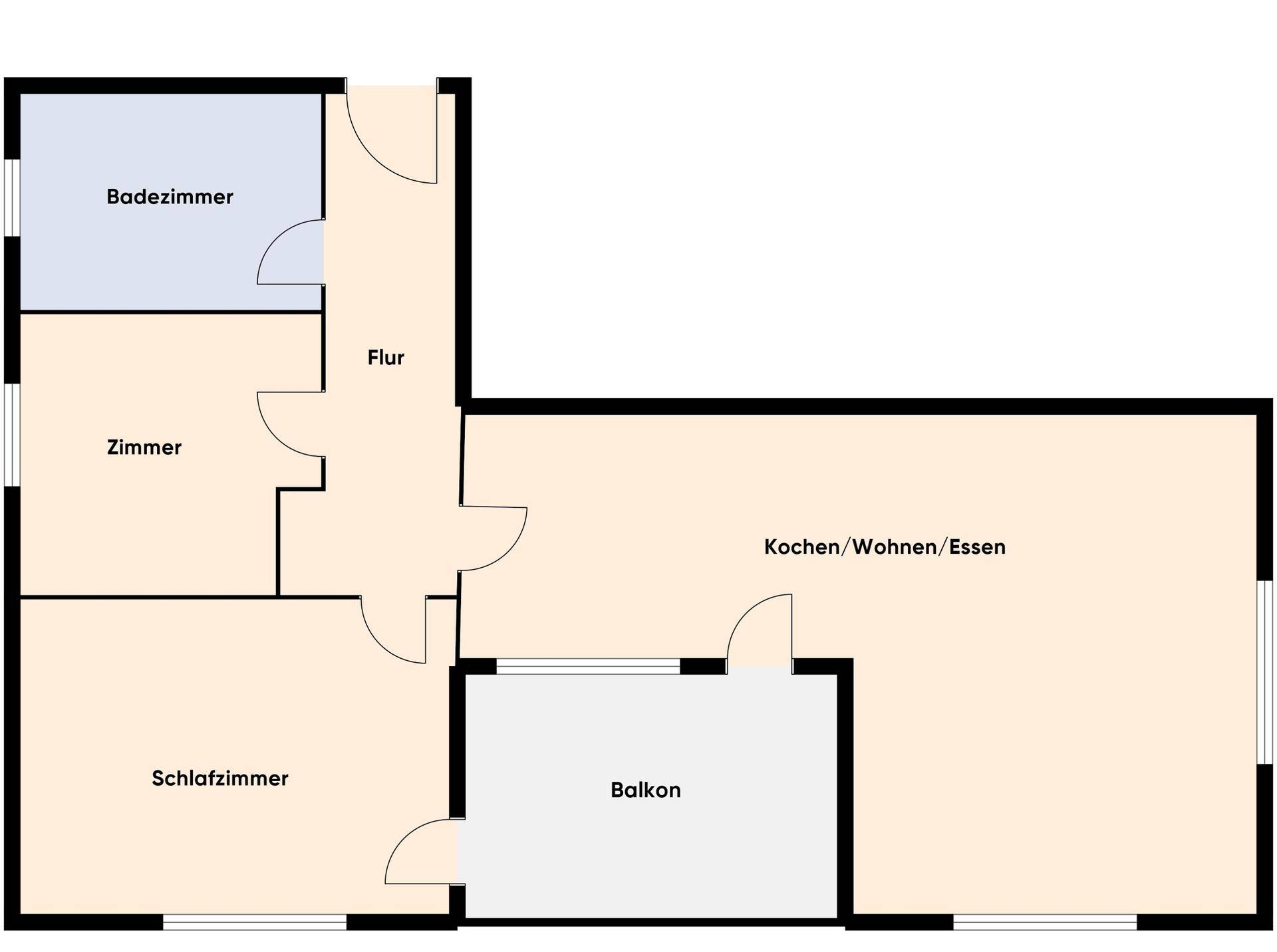 Grundriss einer Wohnung mit zwei Schlafzimmern, Bad, Flur und Balkon.