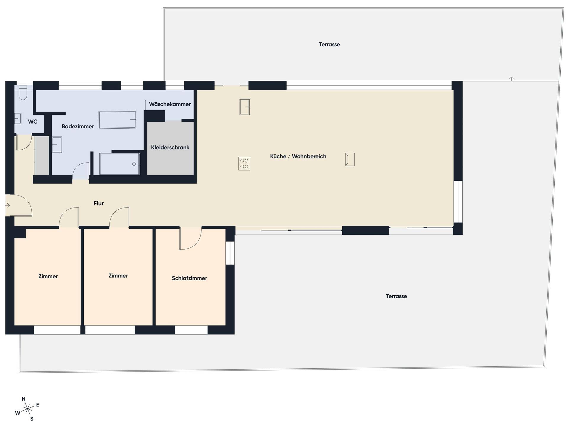 Grundriss der Wohnung mit Terrasse, Küche, Wohnbereich und Schlafzimmern.
