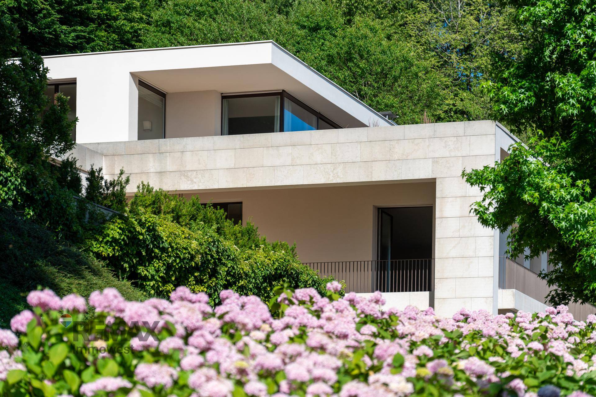 Detailansicht der modernen Villa mit blühenden Hortensien im Vordergrund und grüner Umgebung.