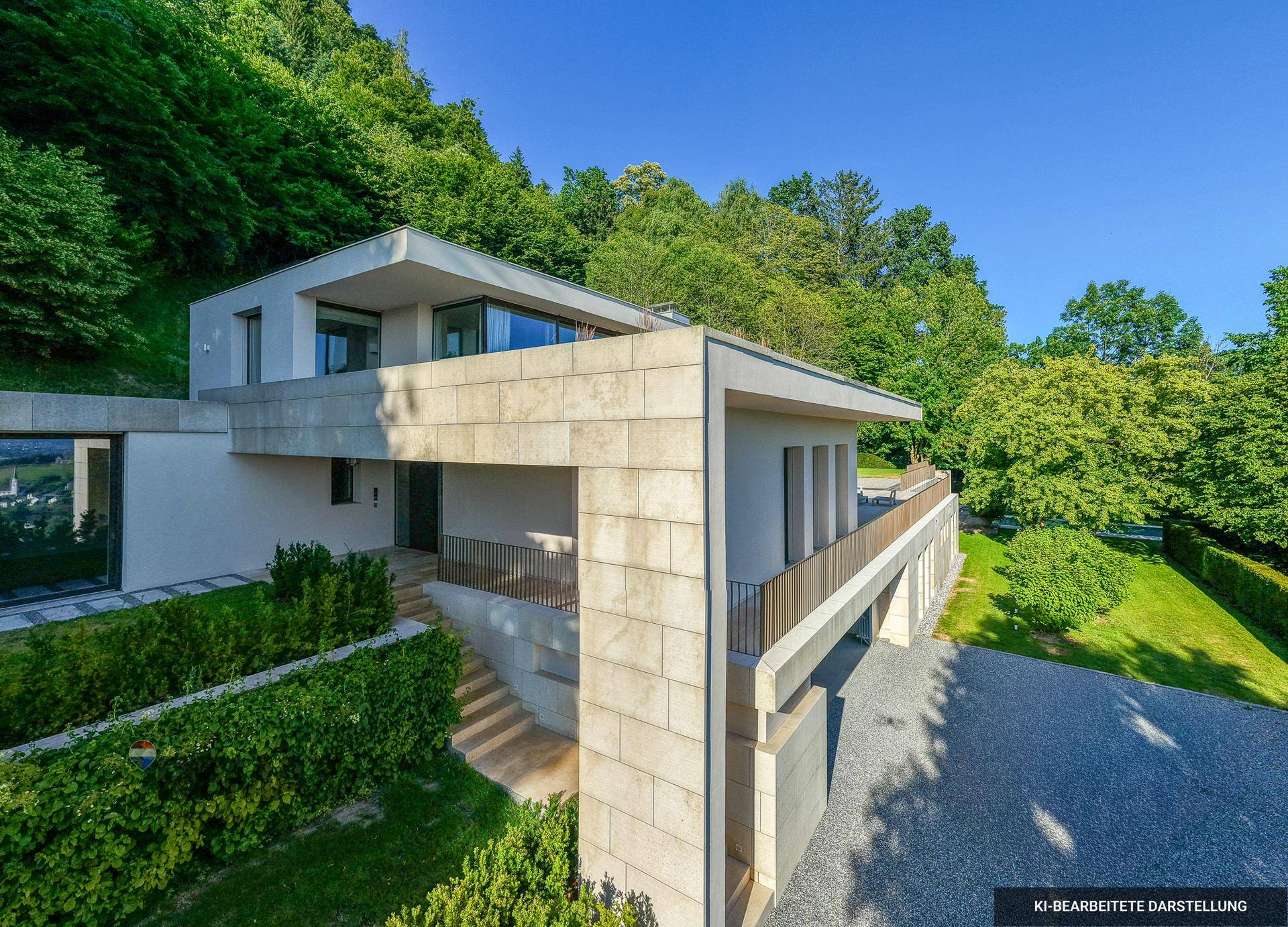 Moderne Villa in Hanglage mit klaren Linien und Steinfassadenelementen, umgeben von üppiger Natur.
