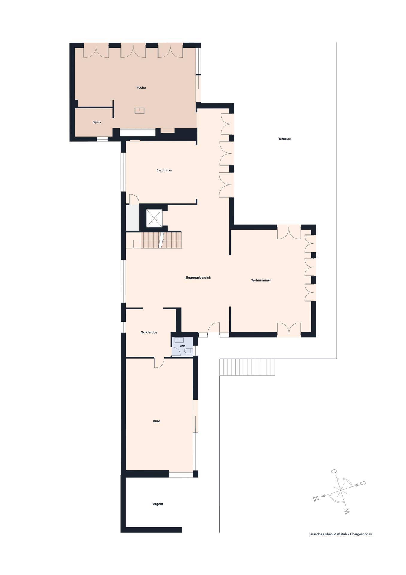 Grundriss des Erdgeschosses mit Wohnzimmer, Küche, Büro und Terrasse.