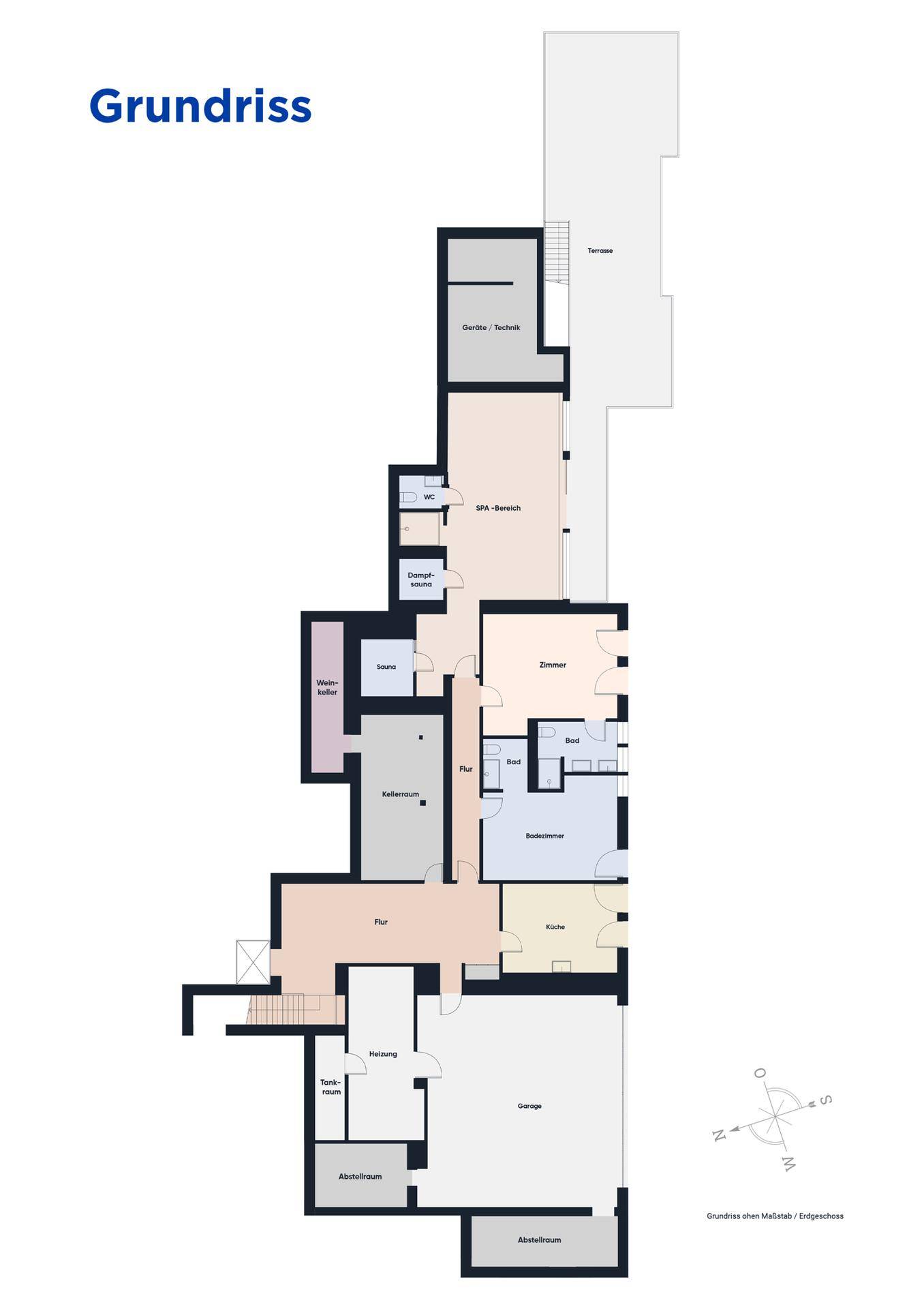Grundriss des Erdgeschosses mit verschiedenen Räumen und Terrassenzugang.