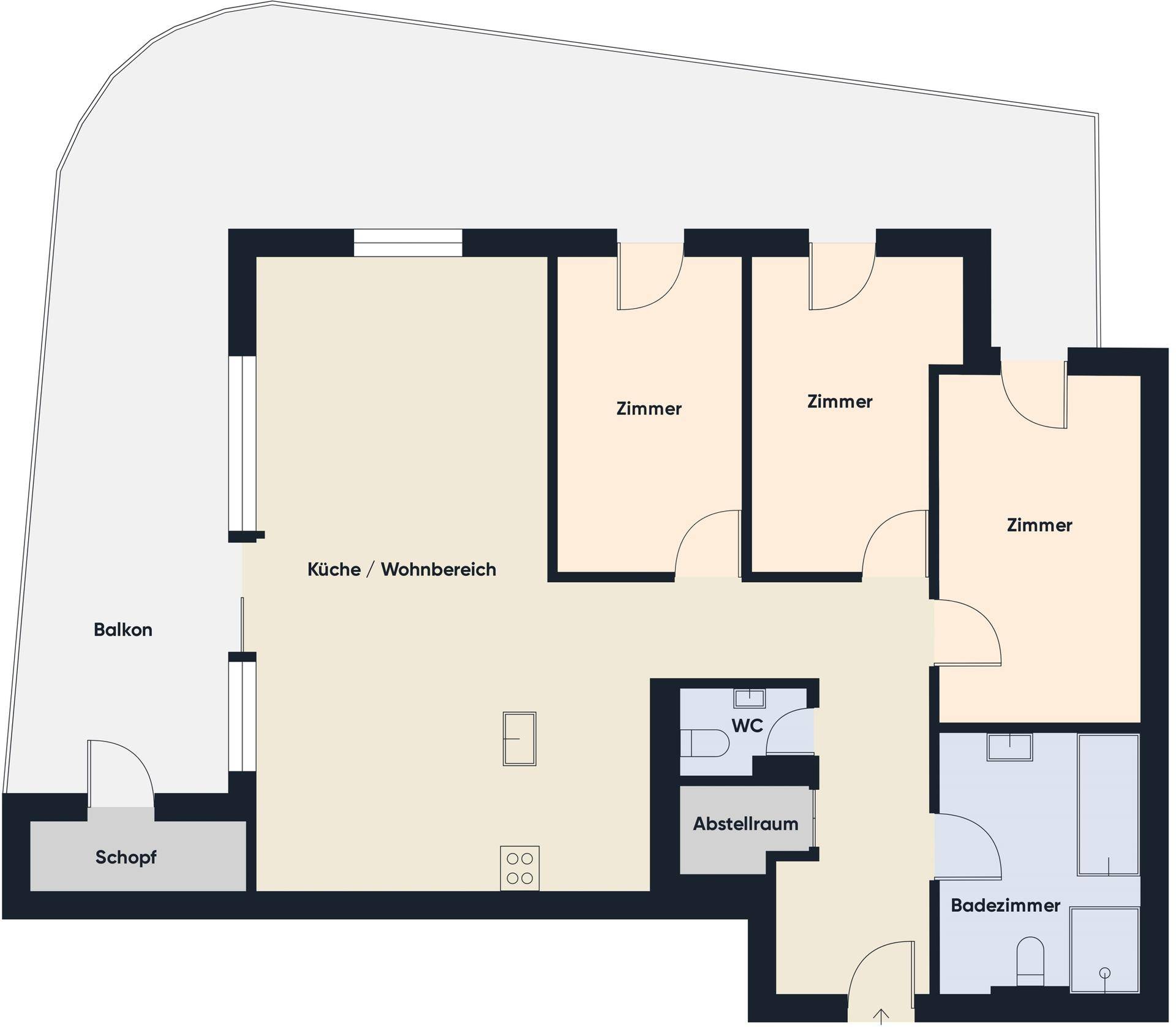 Grundriss einer Wohnung mit offenem Wohnbereich, drei Zimmern, Bad, WC und Balkon.