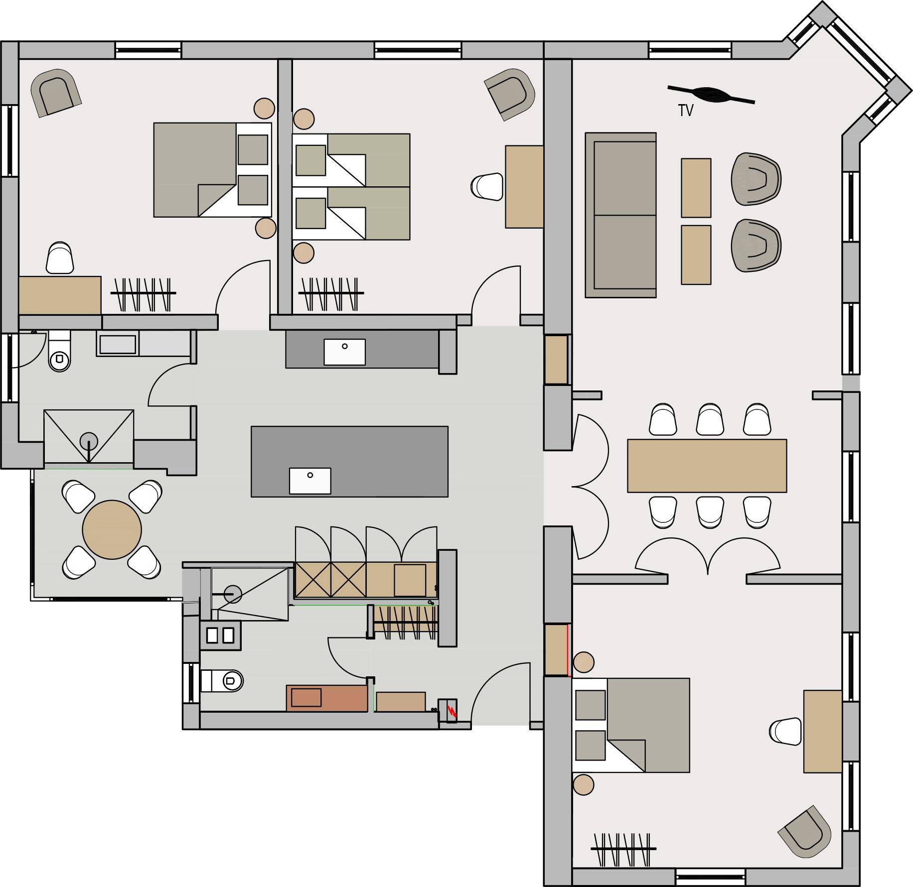 Grundriss der Wohnung mit mehreren Zimmern, Bädern und offenem Wohnbereich.
