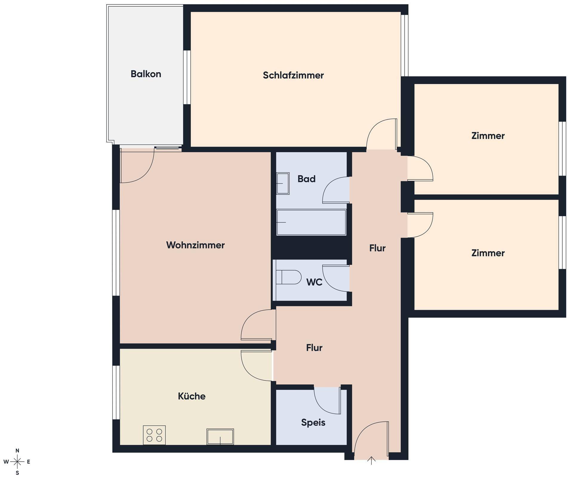 Grundriss der Wohnung mit Wohnzimmer, Küche, Schlafzimmern, Bad und Balkon.