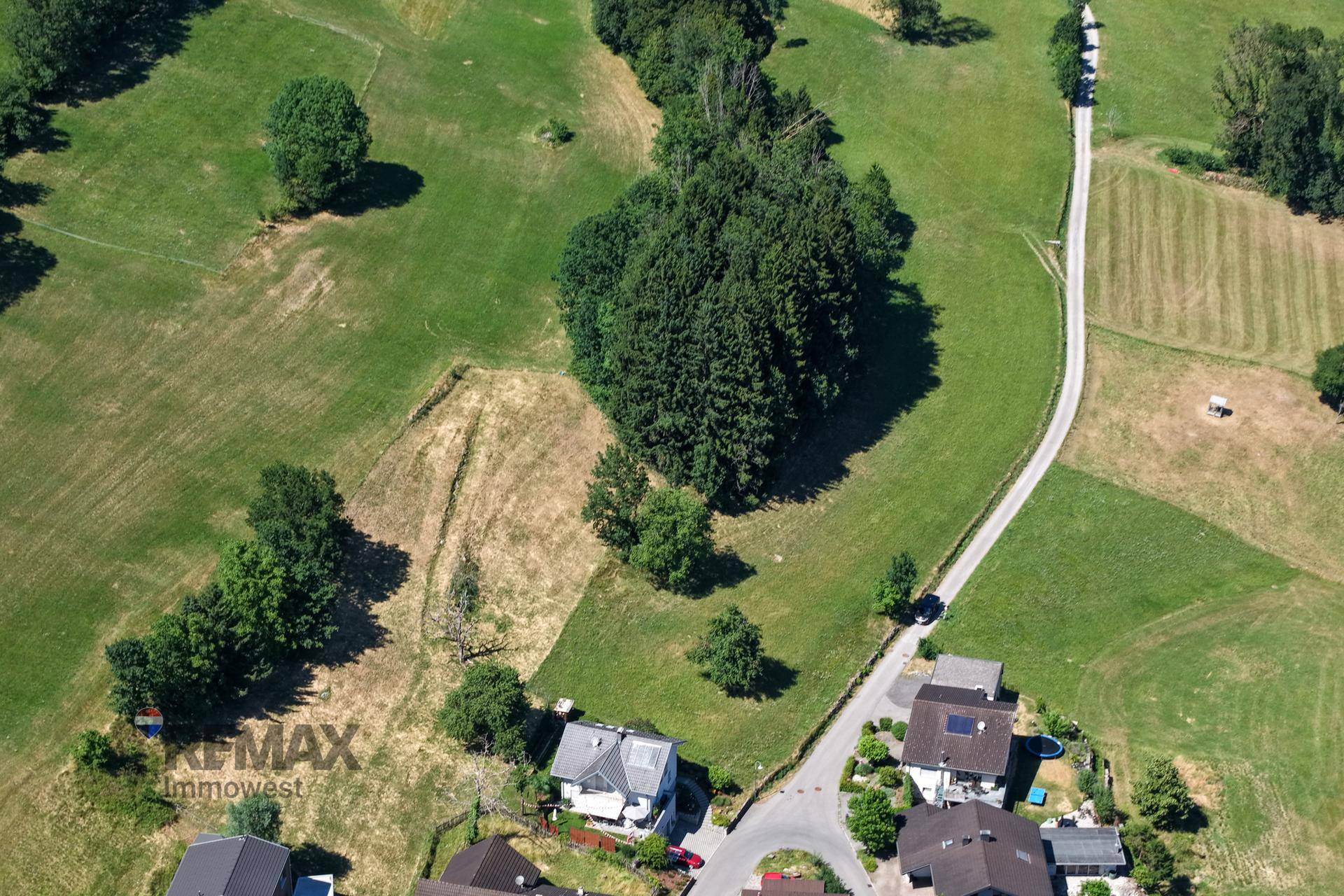 Luftaufnahme von Wohnhäusern am Rande grüner Felder und Wälder mit einer kurvigen Straße.