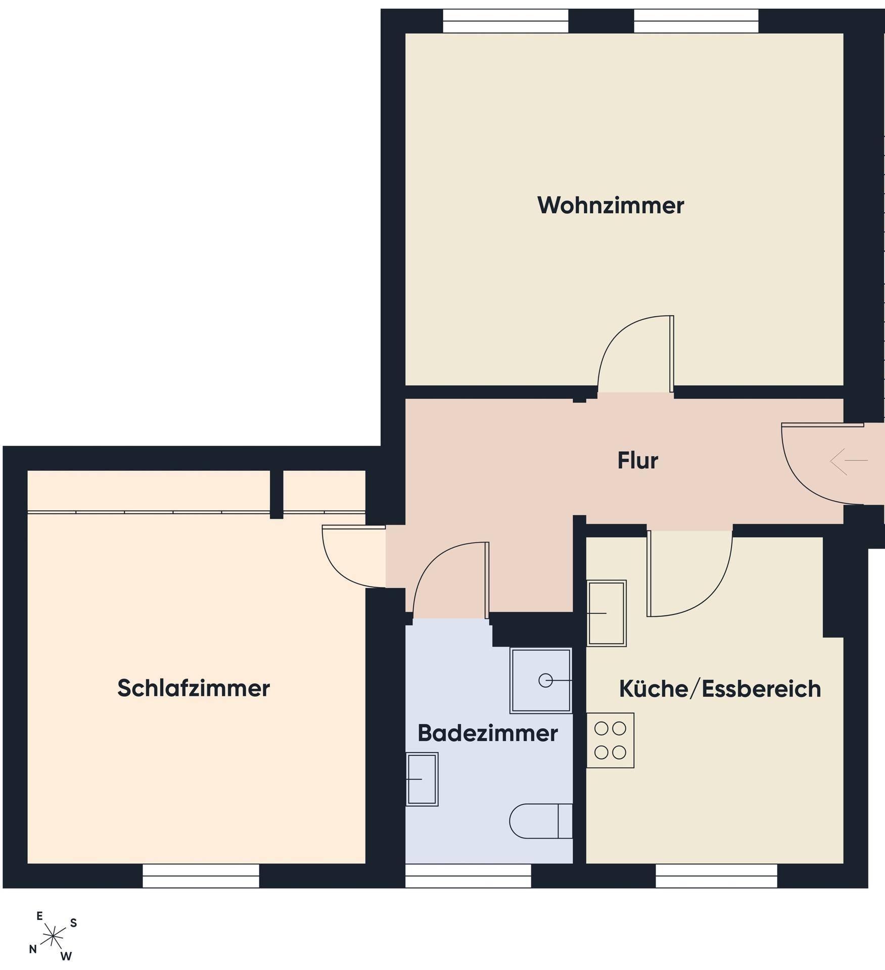 Grundriss der Wohnung mit Wohnzimmer, Schlafzimmer, Bad und Küche/Essbereich.