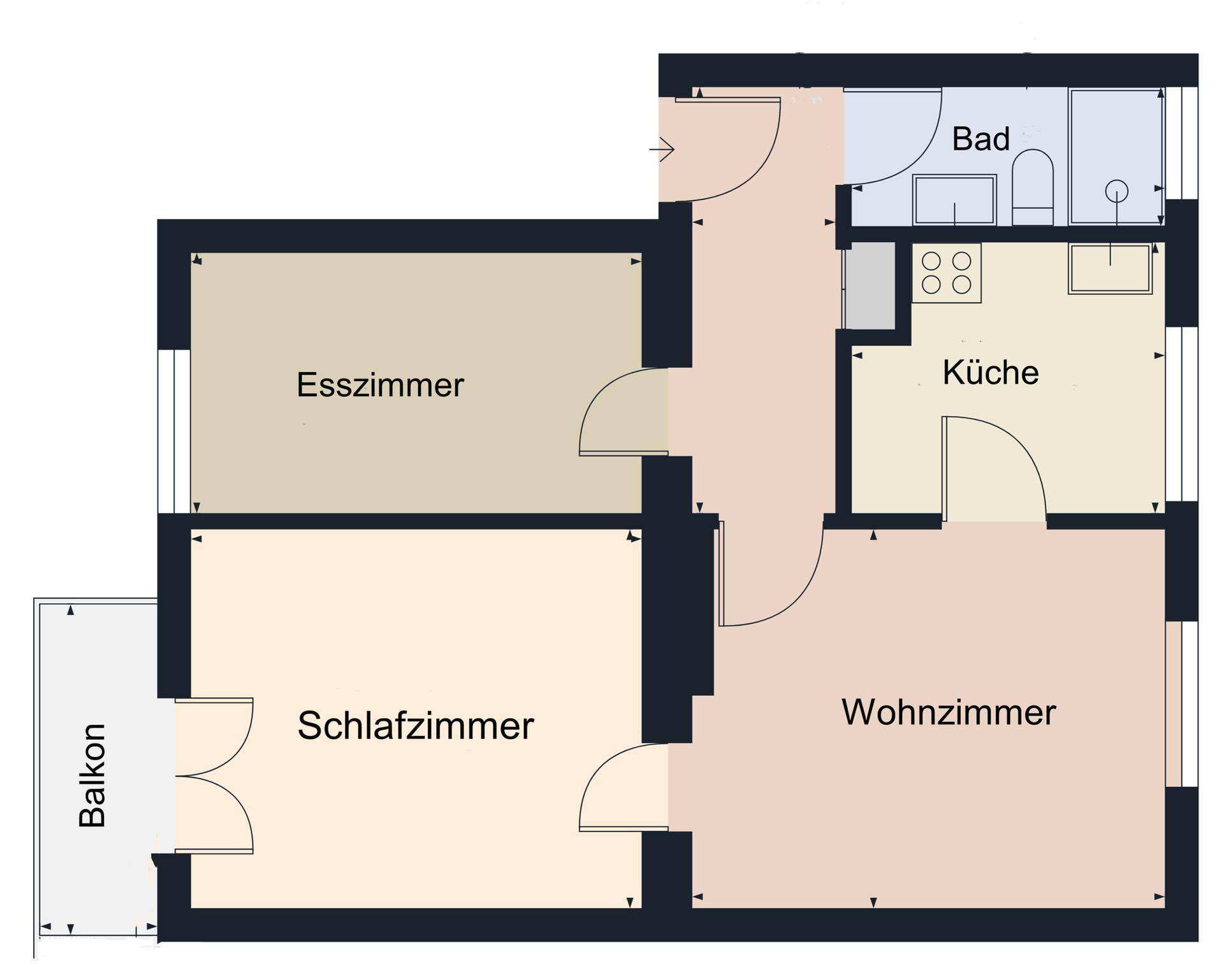 Grundriss einer Wohnung mit Wohnzimmer, Schlafzimmer, Esszimmer, Küche und Bad.