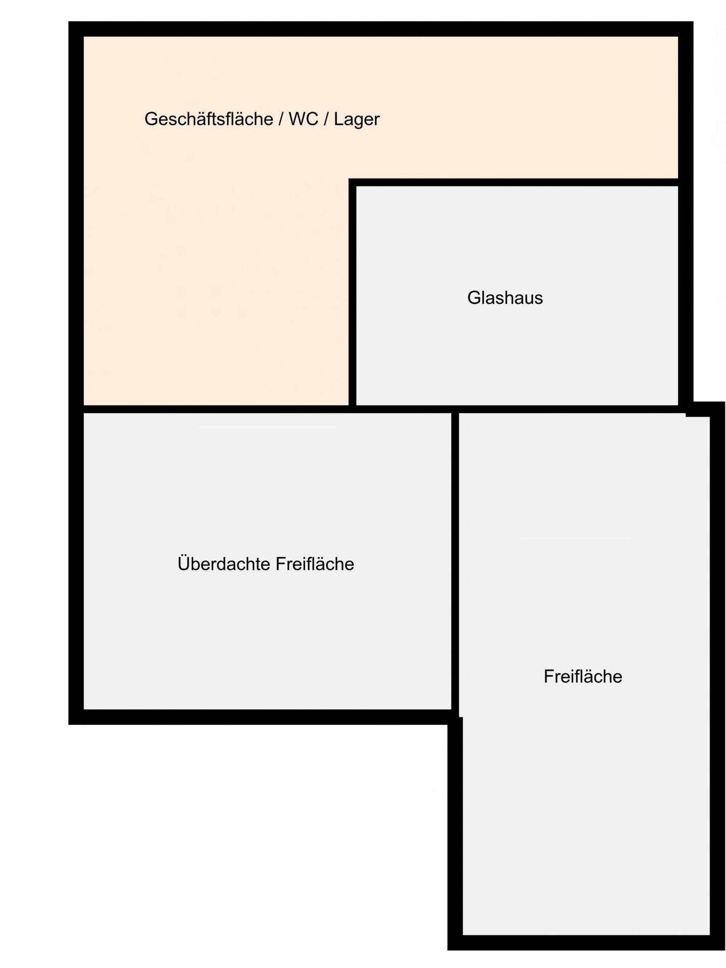 Grundriss zeigt Geschäftsfläche, WC, Lager, Glashaus, überdachte und freie Außenflächen.