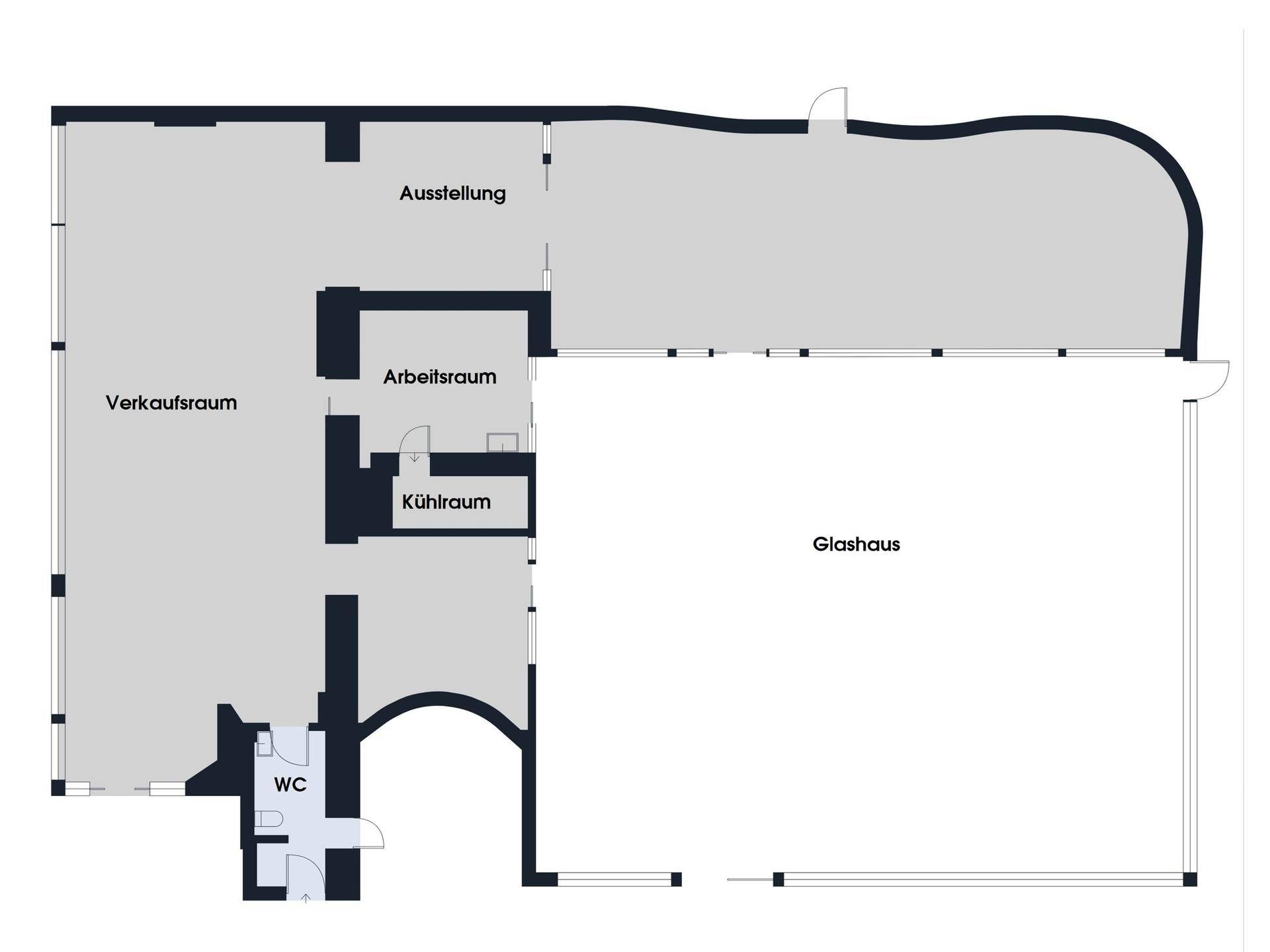 Detaillierter Grundriss mit Verkaufsraum, Ausstellungsfläche, Arbeitsraum, Kühlraum, WC und Glashaus.