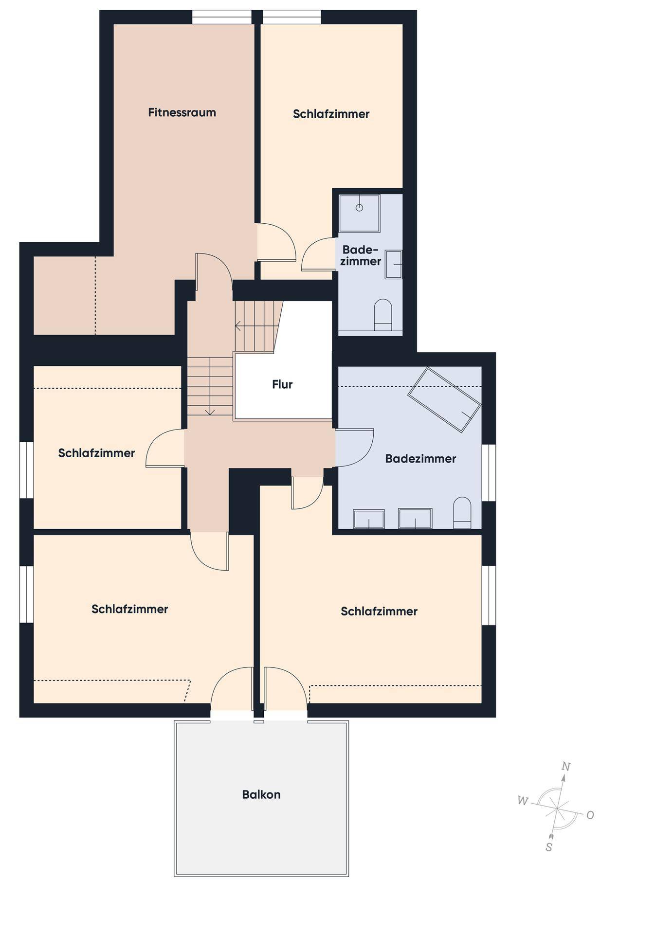Grundriss des Obergeschosses mit Fitnessraum, mehreren Schlafzimmern, Bädern und Balkon.