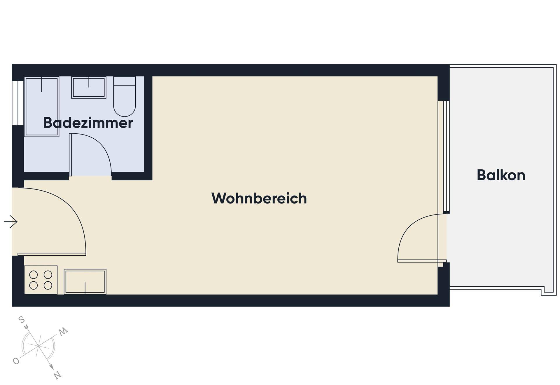 Grundriss einer Einzimmerwohnung mit Badezimmer, Wohnbereich und Balkon.