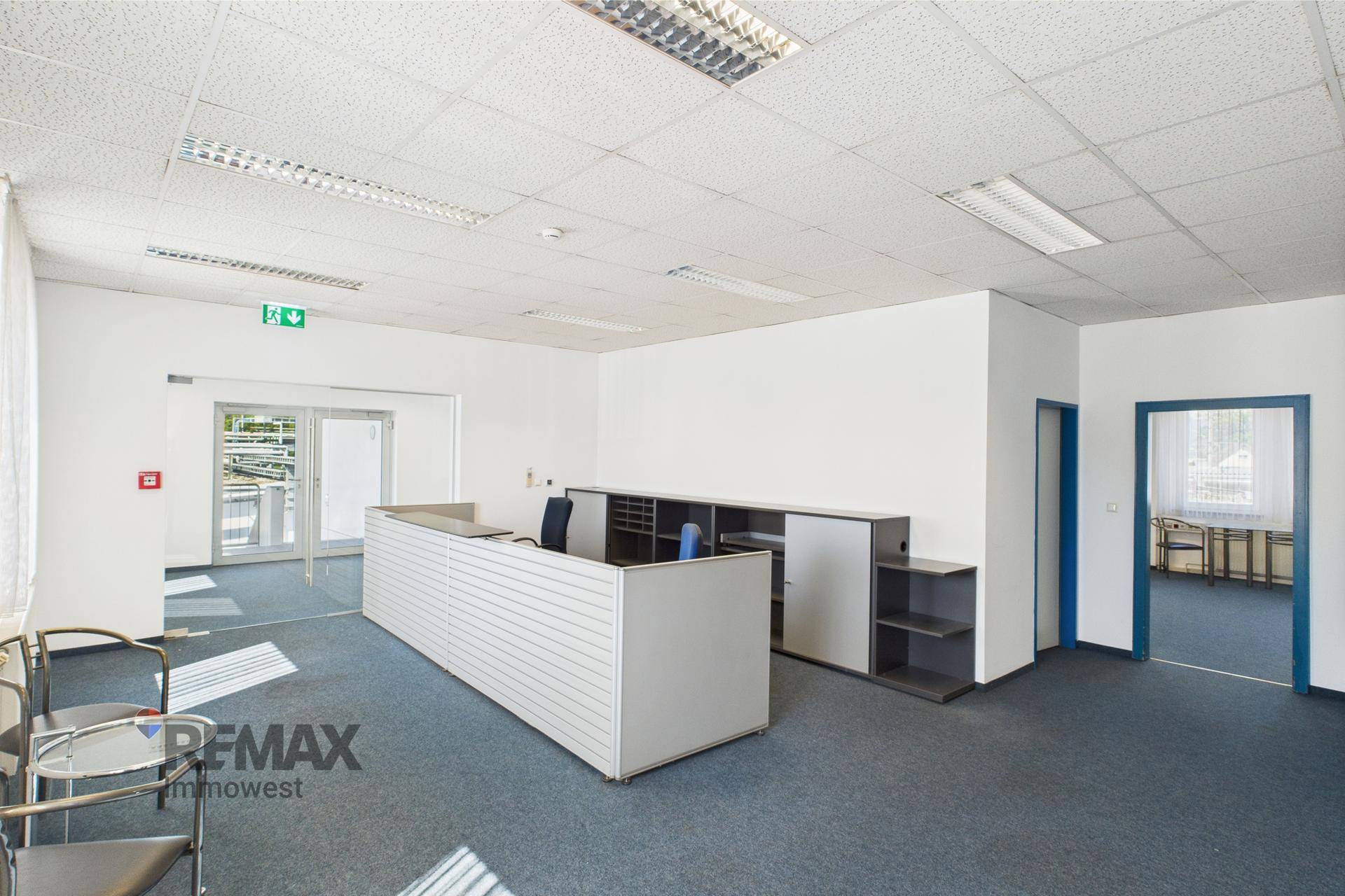 Offener Bürobereich mit Empfangstheke, Schränken und Blick auf den Eingangsbereich.