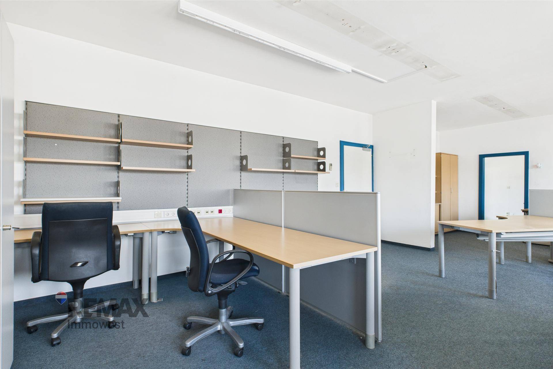 Offener Bürobereich mit mehreren Arbeitsplätzen, Schreibtischen und Regalsystemen an der Wand.
