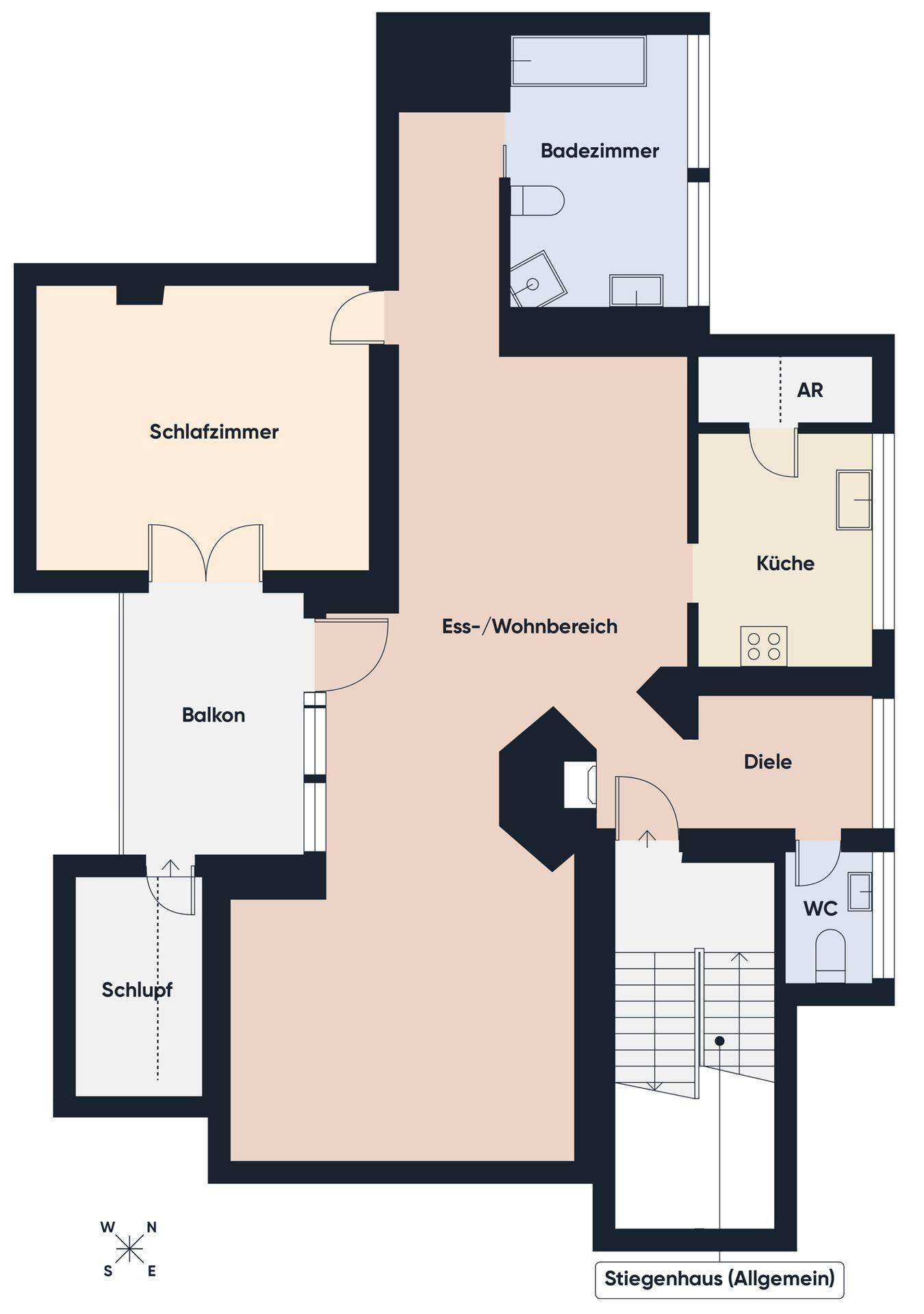 Grundriss mit offenem Wohn-/Essbereich, Schlafzimmer, Küche und Balkon.