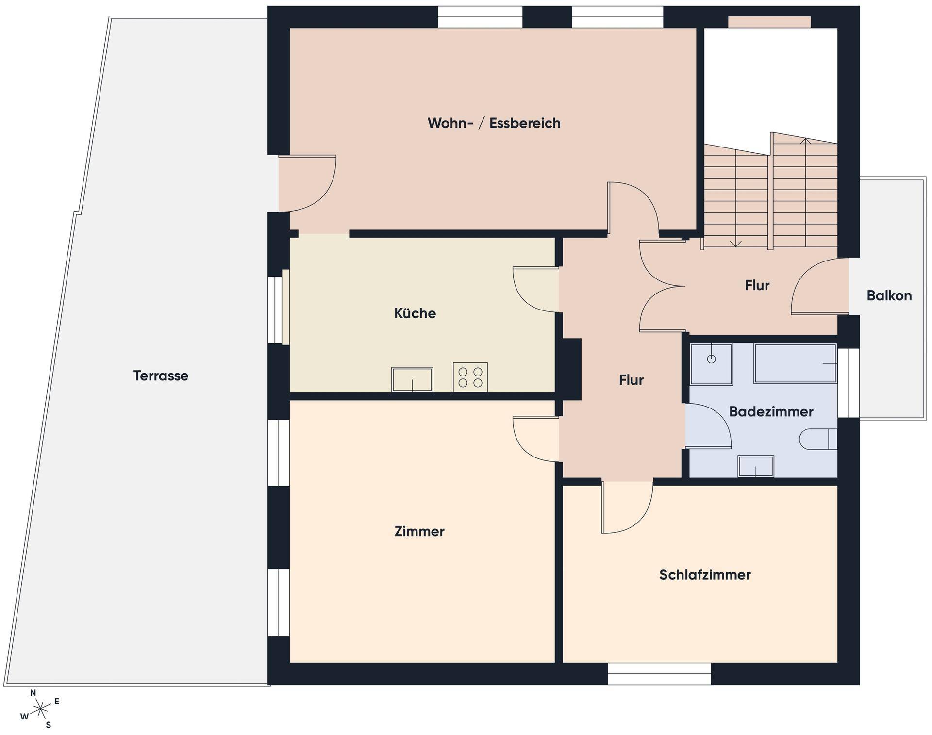 Grundriss des Obergeschosses mit Wohn-Essbereich, Küche, Schlafzimmer und Terrasse.