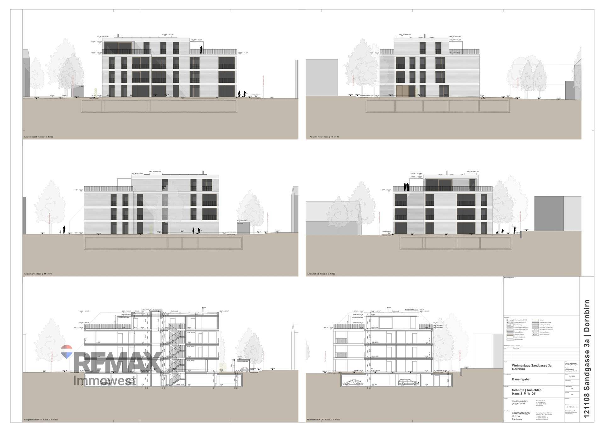 Architektonische Ansichten und Schnitte eines modernen Mehrfamilienhauses mit klarer Linienführung.