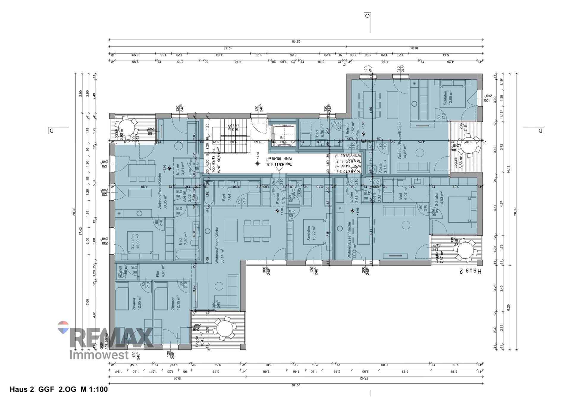 Grundriss des zweiten Obergeschosses von Haus 2 mit Wohnbereichen, Schlafzimmern und Loggien.