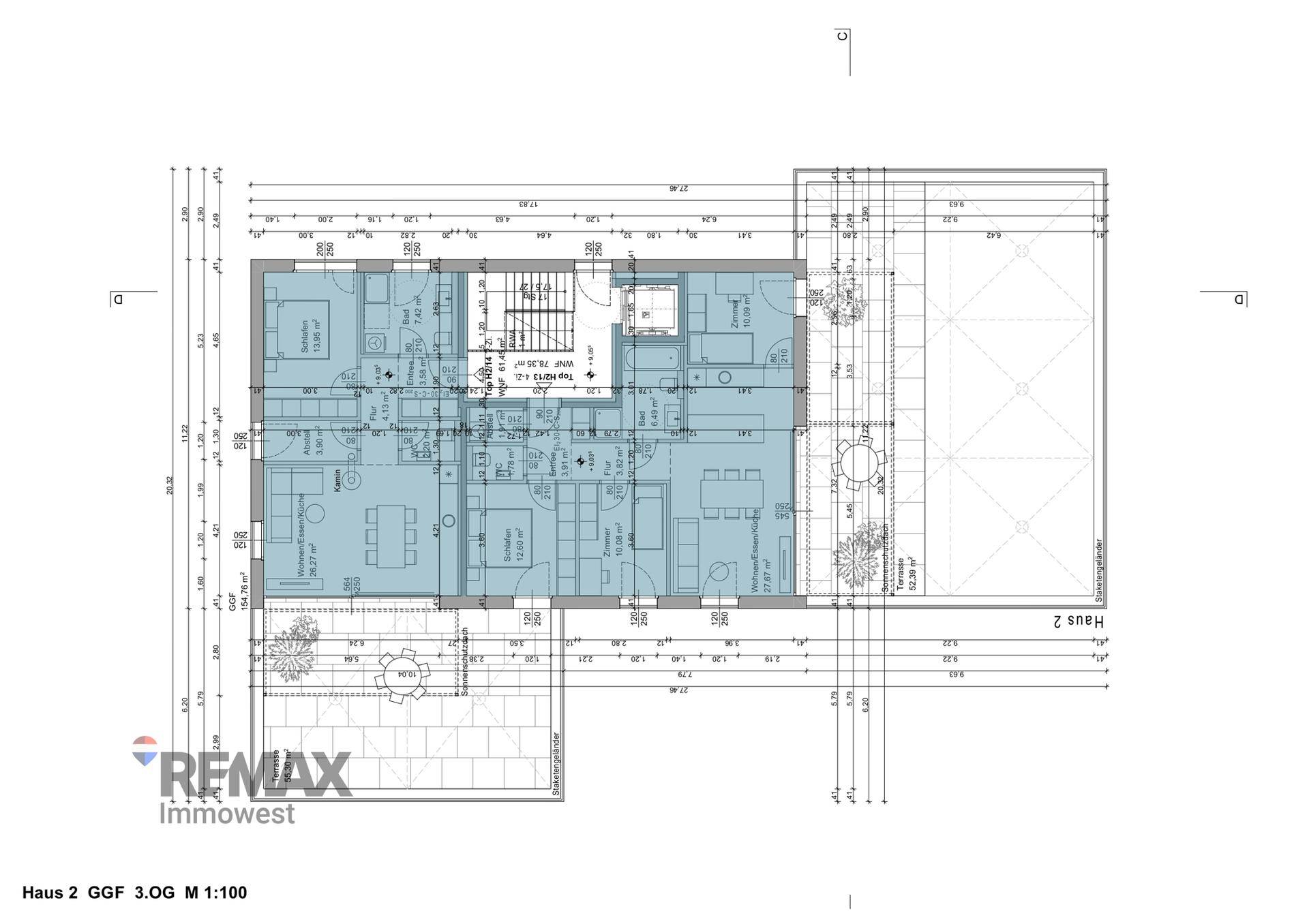 Grundriss des dritten Obergeschosses von Haus 2 mit großer Dachterrasse und offenem Wohnbereich.