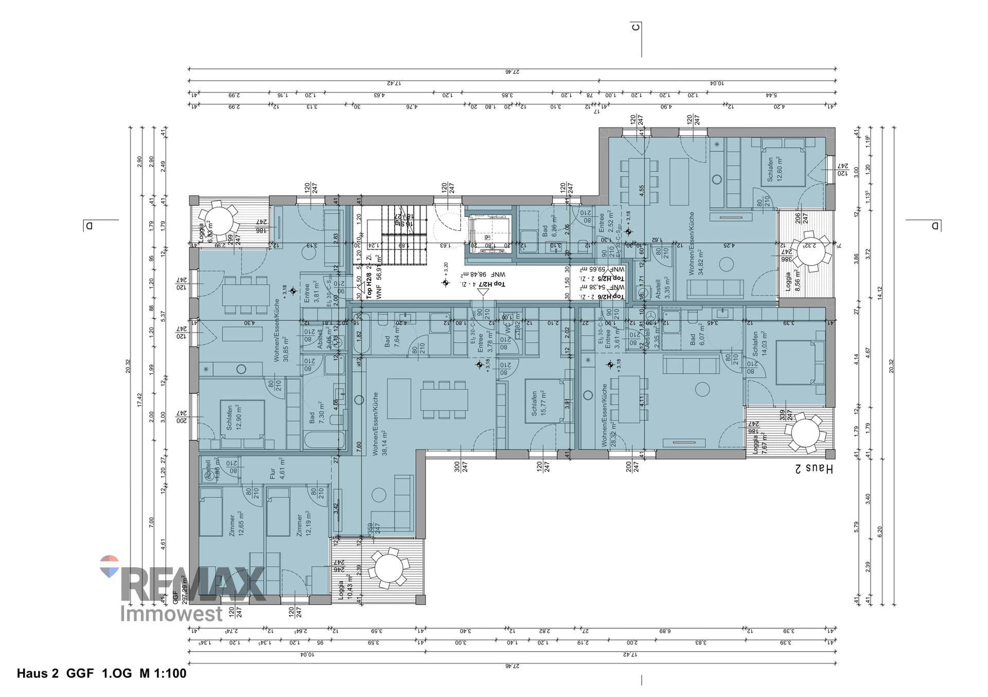 Grundriss des ersten Obergeschosses von Haus 2 mit Schlafzimmern, Bädern und Loggien.