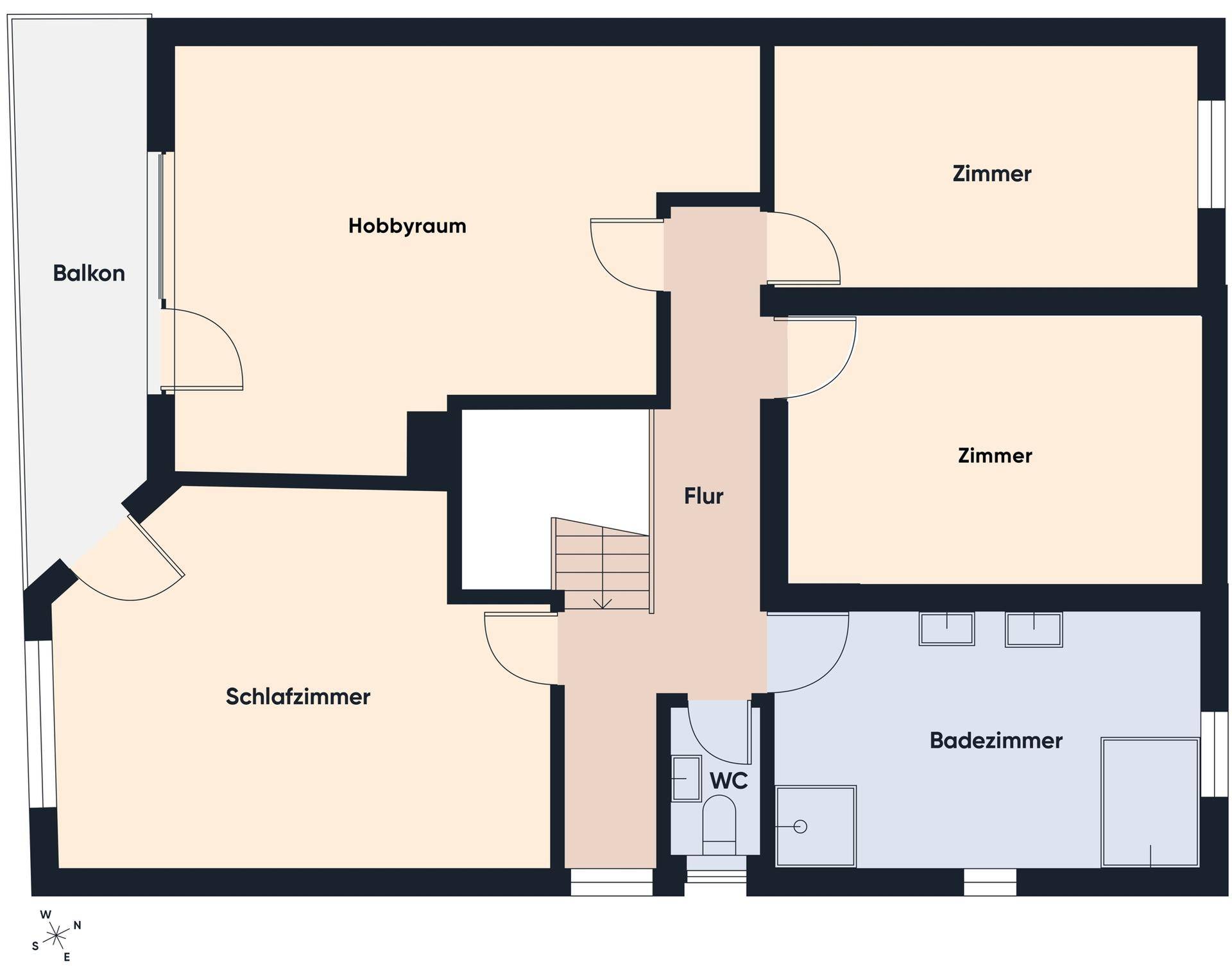 Grundriss des Obergeschosses mit Schlafzimmer, Hobbyraum, zwei weiteren Zimmern und Balkon.