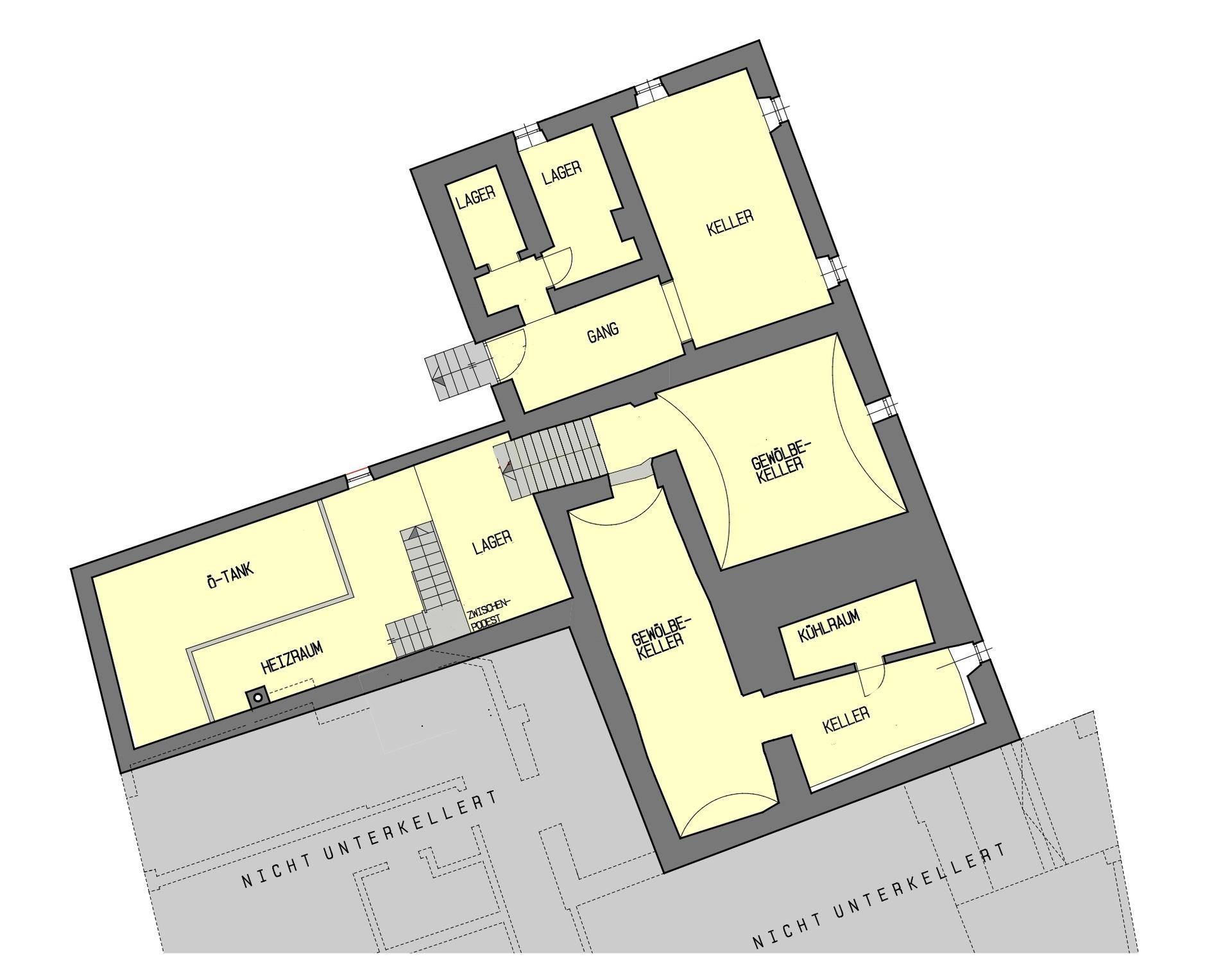 Grundriss des Kellergeschosses mit Lagerflächen, Heizraum und Gewölbekellern, teilweise nicht unterkellert.