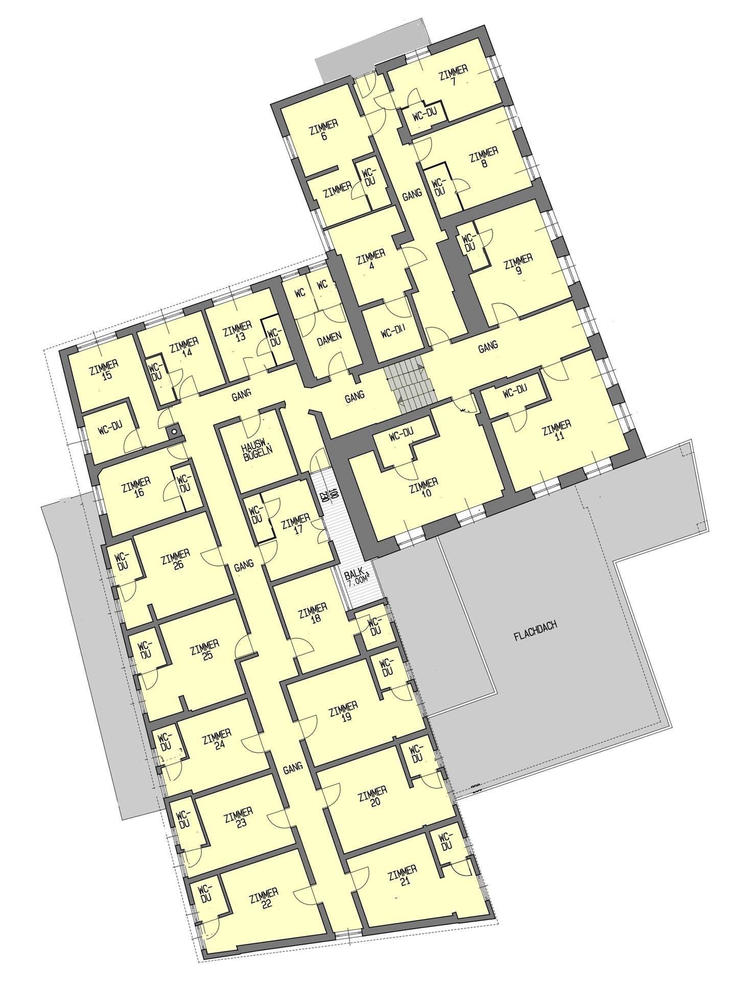 Grundriss eines Obergeschosses mit zahlreichen Zimmern, jeweils mit integrierten WC- und Duschbereichen.