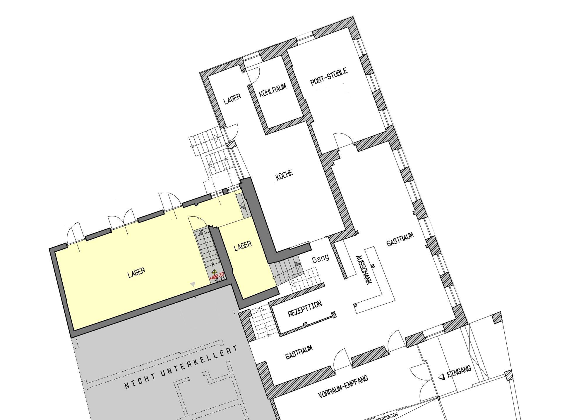 Grundriss des Erdgeschosses mit Küche, Gasträumen, Rezeption und Lagerbereichen, teilweise nicht unterkellert.
