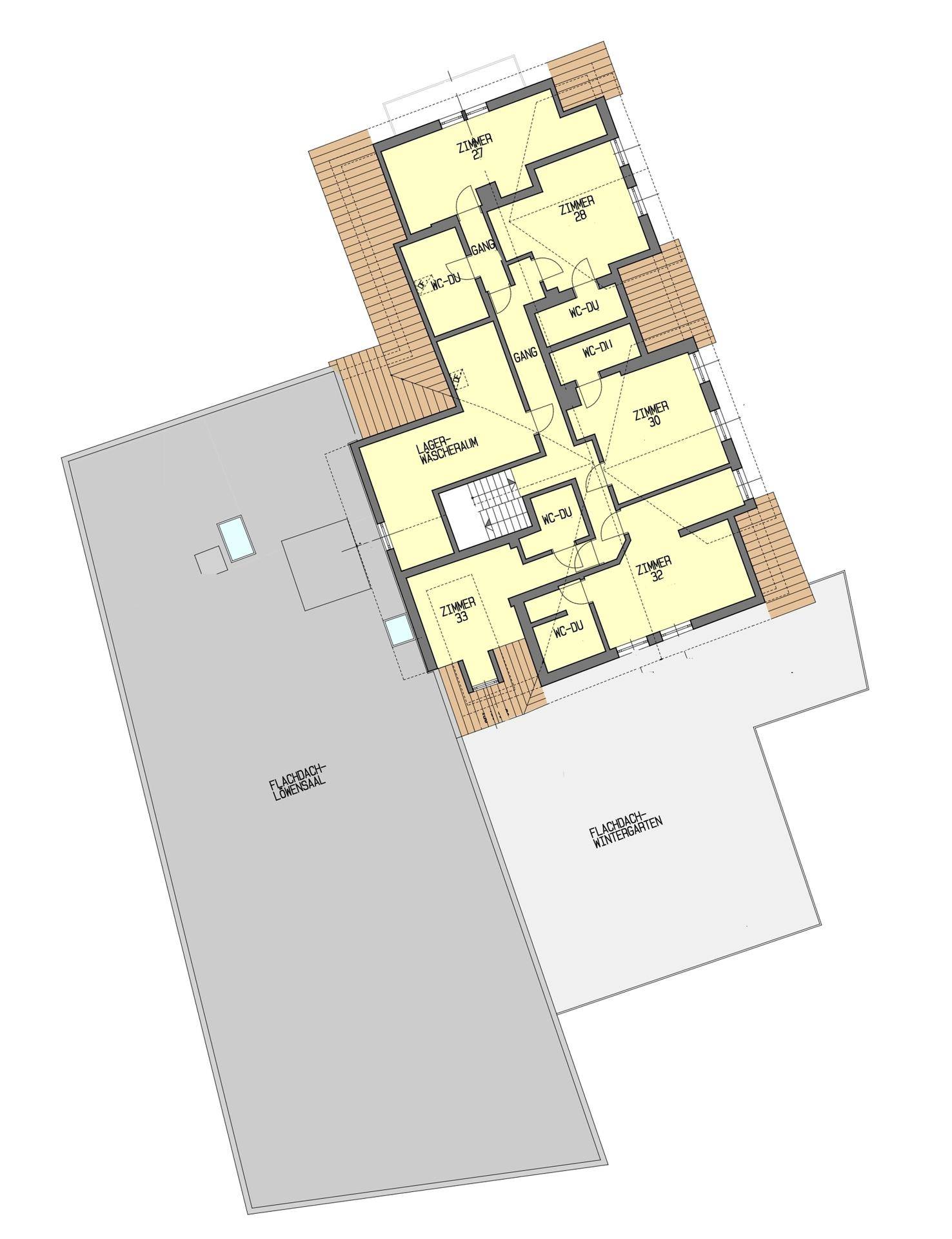 Grundriss des Dachgeschosses mit weiteren Zimmern und Bädern, angrenzend an eine große Flachdachfläche.