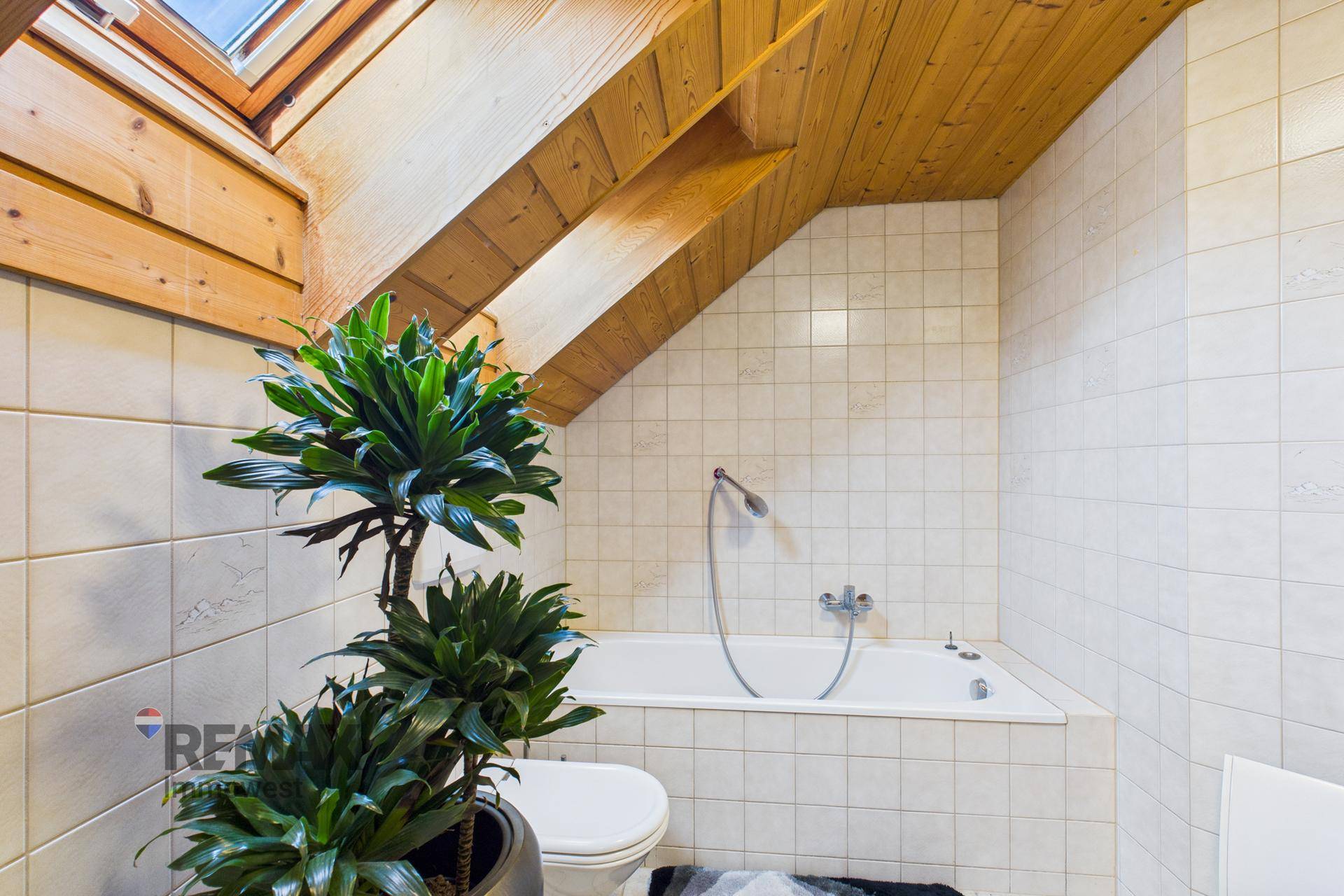 Badezimmer mit Badewanne, WC und Pflanzen, unter einer Holzdecke mit Dachfenster.