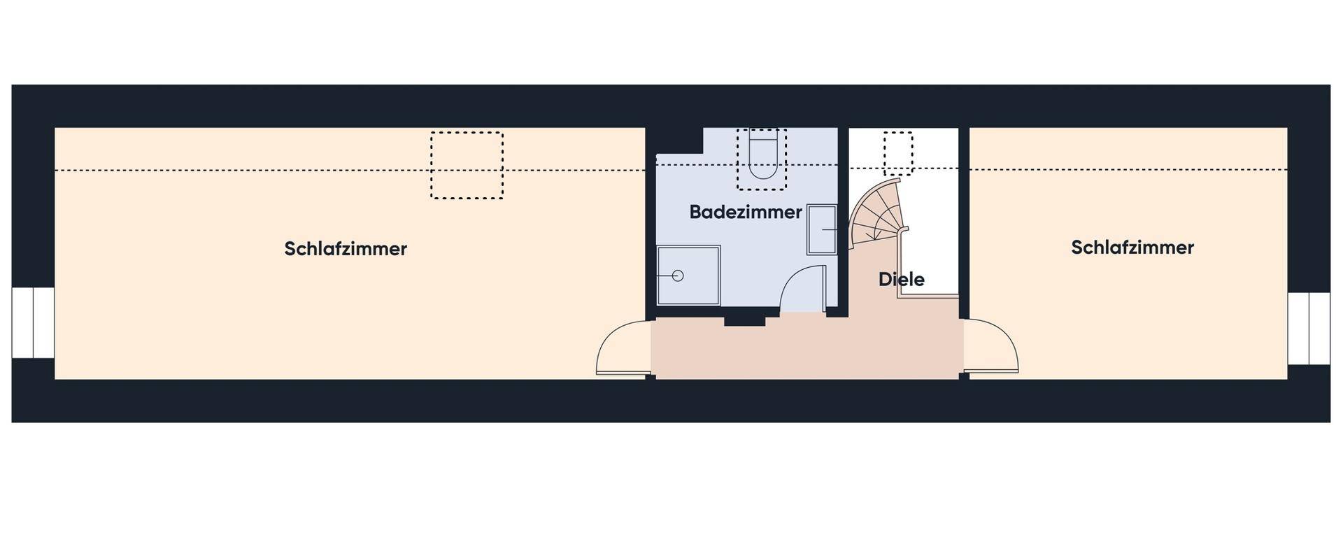 Grundriss der oberen Etage mit zwei Schlafzimmern, einem Badezimmer und Diele.