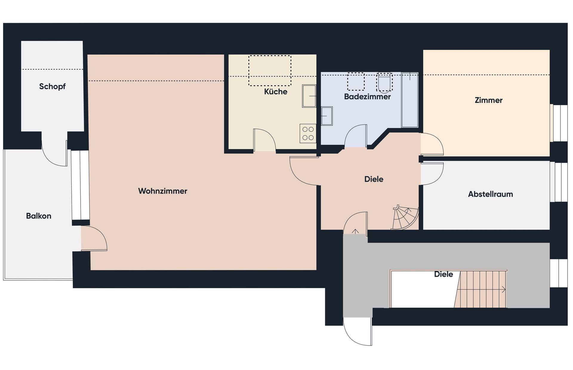 Grundriss der unteren Etage mit Wohnzimmer, Küche, Bad, Diele und Balkon.